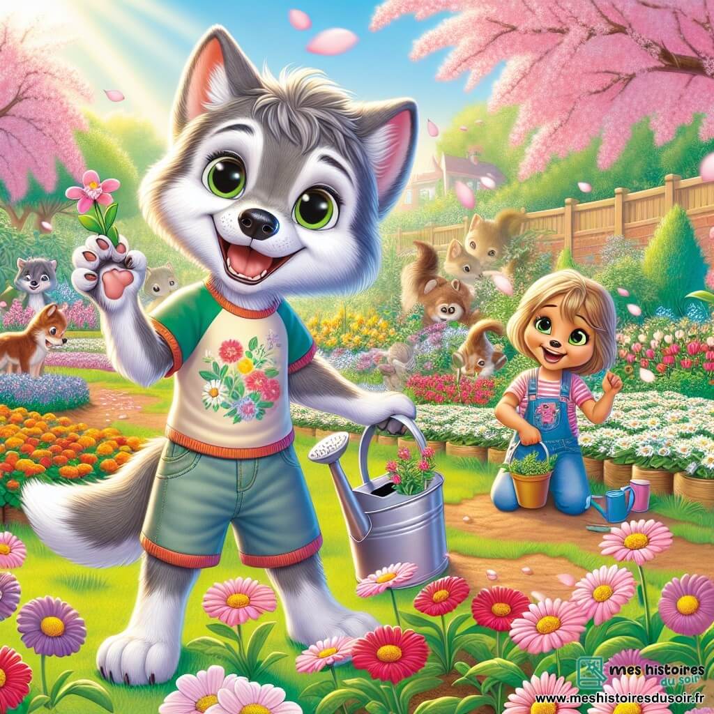 Léo, un jeune loup au pelage gris argenté, se tient dans un jardin fleuri, rayonnant de joie. Il porte un t-shirt coloré et un short, tenant une petite pelle, prêt à planter des marguerites. À ses côtés, Sophie, une jeune louve malicieuse au pelage brun clair, sourit en tenant un arrosoir, enthousiaste pour le jardinage. En arrière-plan, le parc est lumineux, avec des cerisiers en fleurs, des rangées de fleurs colorées et des familles joyeuses travaillant ensemble. La scène dégage une atmosphère de camaraderie et de bonheur, illustrant la magie du printemps.