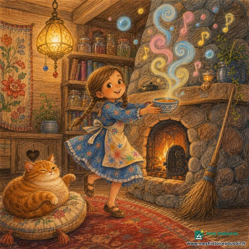 Une fillette de six ans, douce et enthousiaste, sourit aux yeux brillants ; cheveux châtain clair en deux nattes, robe fleurie bleue et tablier taché de peinture, elle fait une petite danse lente près d’une grande cheminée en pierre en tendant un bol de soupe ; la fumée monte en spirales colorées formant notes musicales et bulles. Un chat rond et roux dort sur un coussin brodé à gauche, une patte posée comme pour imiter la danse, et un balai en bois usé appuyé à droite ajoute une présence silencieuse. La pièce est un salon chaleureux en bois avec tapis frangé rouge, tapisserie à fleurs, lampe dorée et étagères, l’ensemble suggère confort, humour tendre et magie discrète, rendu style crayons de couleur, traits doux et textures visibles de papier.