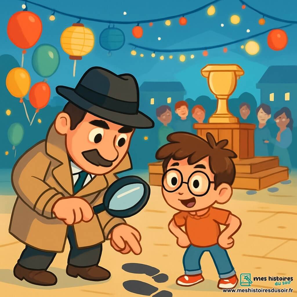 Un homme détective, Gustave, jovial et curieux, porte un chapeau noir et un trench-coat beige. Il examine des traces de pas au sol avec une loupe, concentré et déterminé. À ses côtés, Léo, un garçon de 9 ans aux cheveux bruns et lunettes rondes, observe les indices, prêt à aider. La scène se déroule sur la place centrale de Clairval, décorée de lanternes colorées, de guirlandes lumineuses et de ballons. Au fond, un podium en bois avec le piédestal vide de la Lanterne d'Or, entouré de spectateurs inquiets. Gustave et Léo enquêtent pour retrouver la Lanterne d'Or disparue, tandis que la foule murmure, intriguée et anxieuse.