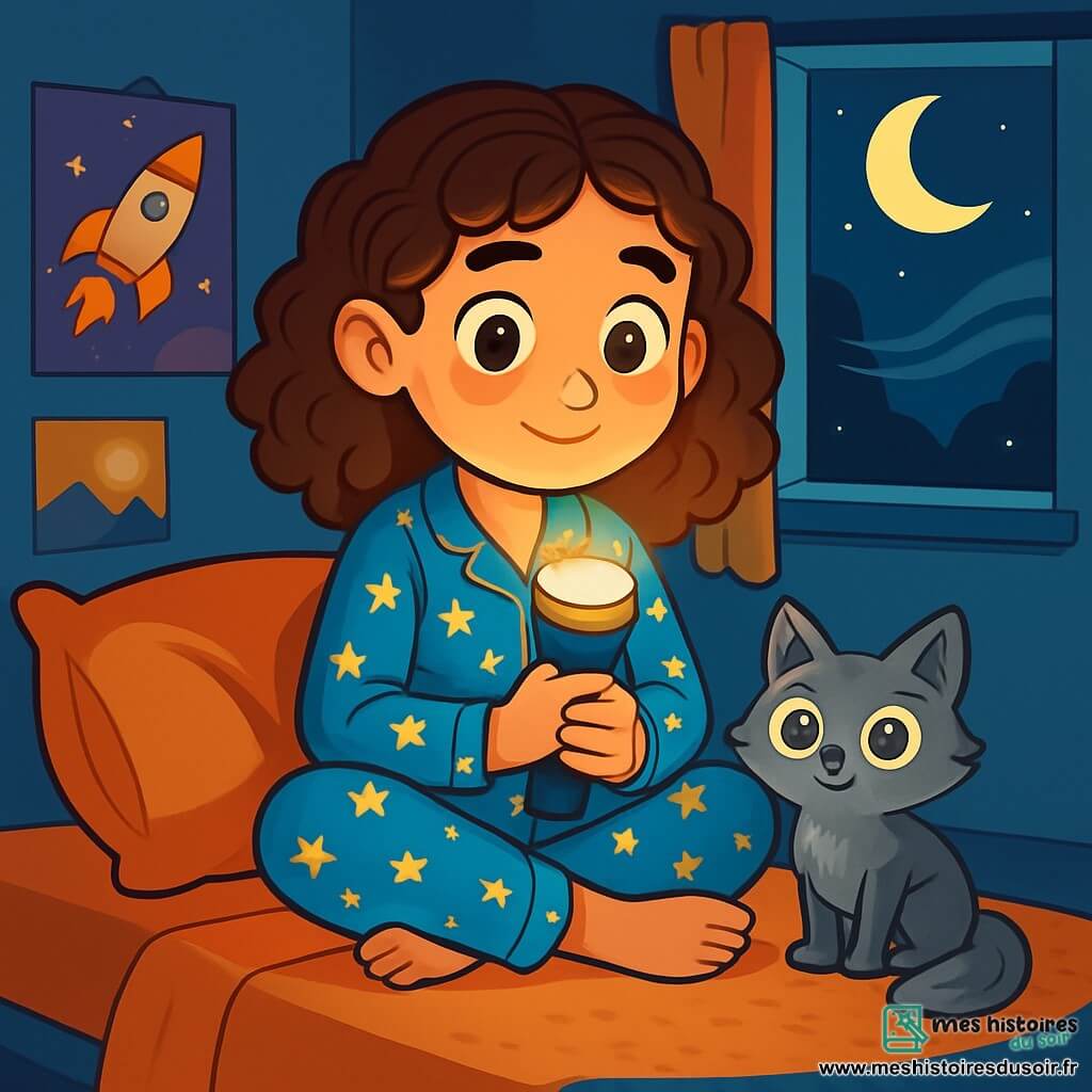 Une fille de 12 ans, aux cheveux châtains bouclés et au sourire timide, est assise sur son lit en pyjama bleu à étoiles, tenant une lampe de poche qui éclaire son visage. À ses pieds, un petit animal aux yeux pétillants et à la fourrure argentée, nommé Nox, l'observe. La chambre est décorée de posters colorés et d'un tapis moelleux, avec une fenêtre ouverte laissant entrer un léger vent nocturne et la lumière de la lune. La fille, curieuse et un peu nerveuse, découvre la magie de la nuit, encouragée par Nox à voir la beauté dans l'obscurité.
