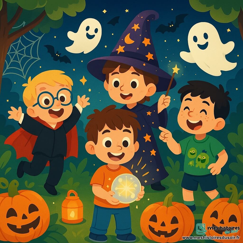 Quatre enfants s'amusent dans un jardin enchanté d'Halloween. Max, 5 ans, a des cheveux bruns en bataille, sourit et tient une boule magique brillante. Léo, aussi 5 ans, avec des cheveux blonds et des lunettes rondes, est déguisé en vampire et saute de joie à gauche de Max. Tom, 5 ans, avec des cheveux noirs et des taches de rousseur, porte un t-shirt vert et rit en pointant des fantômes à droite de Max. Sami, 5 ans, avec des cheveux châtains et un chapeau de sorcier, fait un geste magique avec sa baguette derrière Max. Le jardin est décoré de citrouilles, fantômes joyeux et lanternes orange, créant une atmosphère festive et magique.