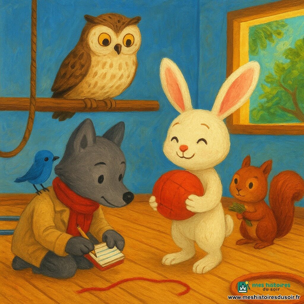 Petit Loup, jeune loup gris en manteau beige et écharpe rouge, accroupi et concentré examine une ficelle rouge au sol tandis qu’un petit oiseau bleu perché près de lui indique la fenêtre entrouverte ; Lili la lapine blanche, joyeuse et soulagée, tient contre elle un ballon rouge raccommodé ; l’écureuil roux, penaud, rend le ballon en tenant une touffe d’herbe ; une grosse chouette crème et brune perchée sur une poutre observe la scène avec bienveillance. Le tout se passe dans un gymnase rond aux murs bleu clair et parquet brillant, cordes et cerceaux au sol, lumière dorée du crépuscule les éclairant, atmosphère sereine d’entraide et d’amitié.