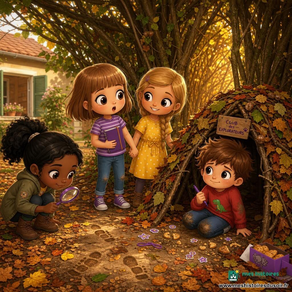 Quatre enfants dans un sentier boisé derrière une maison baignés d'une lumière dorée : Zoé (9 ans) au centre, carré châtain clair, frange, grands yeux, t‑shirt rayé violet, jean, tenant un petit carnet violet, visage surpris et soulagé ; Mila (9 ans) à gauche, cheveux noirs en couette, air malicieux, veste kaki, accroupie avec une loupe examinant le sol ; Inès (9 ans) à droite, blonde en tresse, robe jaune à pois, tenant la main de Zoé, sourire rassurant, regard vers une cabane de feuilles au pied d'un noisetier ; Léo (7 ans) assis devant le mini‑fort de feuilles, cheveux bruns en bataille, pull rouge avec un dinosaure, genoux poussiéreux, tenant un feutre, penaud mais fier — les trois filles viennent de retrouver le carnet que Léo avait pris comme « mission », ambiance d'enquête joyeuse (loupe, traces de pas, élastique violet, petits trésors et miettes de biscuits), style chibi kawaii aux couleurs chaudes, traits ronds et expressions attendrissantes.