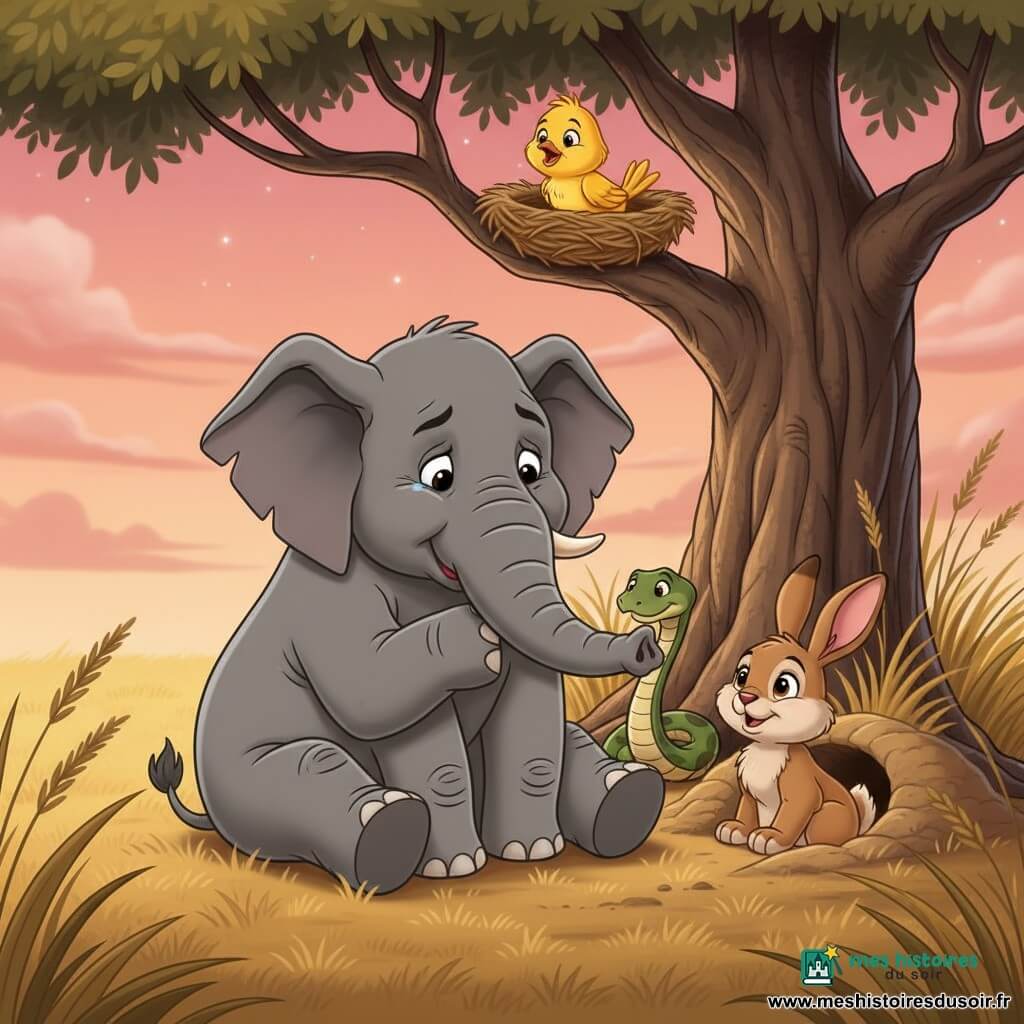 Un grand éléphant gris nommé Émile, honteux mais doux, trompe repliée vers la poitrine, assis sous un acacia au crépuscule; un petit oiseau jaune dans un nid sur la branche au‑dessus, un lapin brun à l'entrée d'un terrier et un serpent vert glissant dans les herbes, tous tournés vers Émile ; ambiance de réconciliation chaleureuse, couleurs douces et style cartoon années 90.
