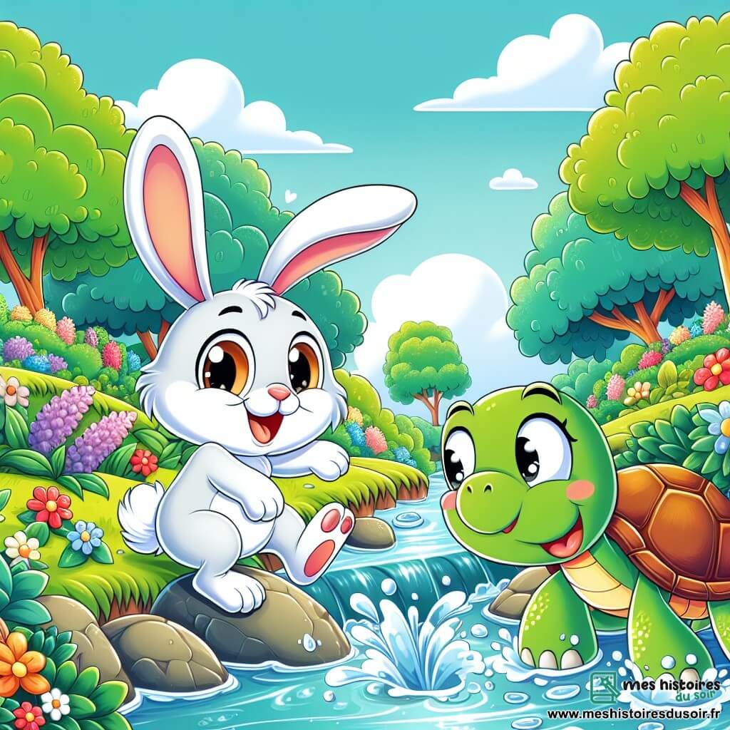 Léo le lapin, aux grandes oreilles et à la fourrure blanche éclatante, plonge sa patte dans l'eau d'un ruisseau avec un sourire déterminé. À côté, Titi la tortue, avec sa carapace brillante, l'observe avec admiration, impatiente de retrouver sa coquille perdue. Le ruisseau serpente à travers un jardin verdoyant, entouré de fleurs colorées et d'arbres aux feuilles luxuriantes, sous un ciel bleu parsemé de nuages. Léo et Titi sont en quête de la coquille de Titi, créant une atmosphère d'aventure et d'amitié.