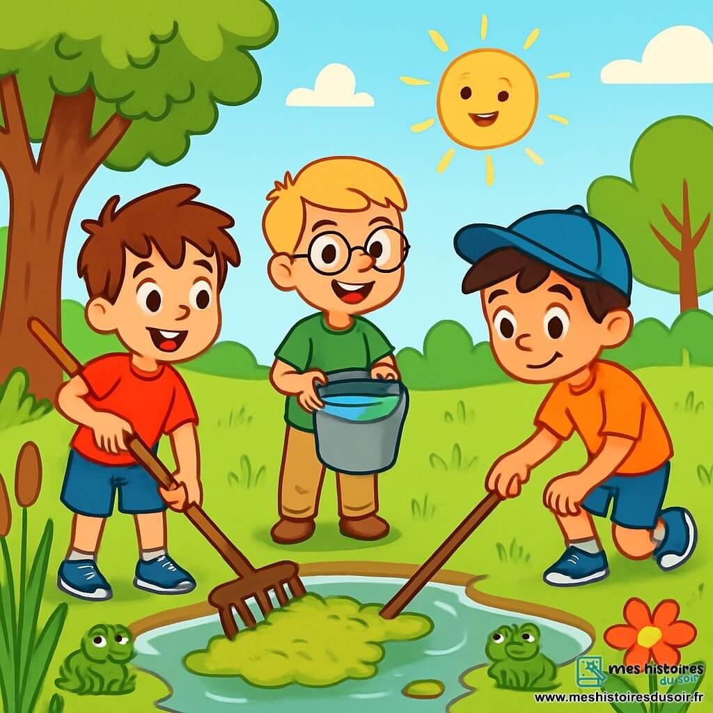 Trois garçons de 9 ans se tiennent près d'un étang verdâtre : Lucas, avec des cheveux bruns en bataille, un t-shirt rouge et un râteau en bois ; Thomas, aux cheveux blonds, lunettes rondes, t-shirt vert et seau d'eau ; et Sam, avec des cheveux noirs, casquette bleue, t-shirt orange et bâton à la main. Ils nettoient l'étang, entouré d'arbres majestueux et de fleurs colorées, discutant joyeusement de leur mission pour redonner vie à cet endroit qu'ils aiment. Le ciel est bleu et ensoleillé, ajoutant une lumière chaleureuse à la scène.
