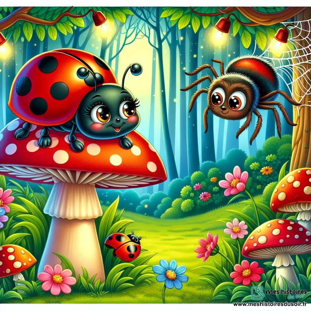 Illustration d'une coccinelle aux ailes rouges avec des points noirs, perchée sur un champignon coloré. Elle a de grands yeux curieux et un sourire espiègle, regardant autour d'elle. À côté, une araignée aux pattes délicates tisse une toile scintillante, montrant une légère inquiétude. En arrière-plan, une clairière secrète illuminée par des lucioles, entourée d'arbres majestueux, crée une atmosphère magique. La coccinelle et l'araignée explorent ensemble à la recherche d'un trésor caché sous un grand champignon, entourées de fleurs colorées.