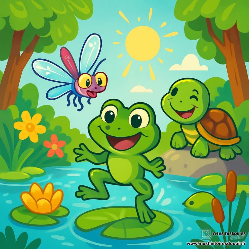 Au bord d'un étang scintillant, une petite grenouille verte nommée Croaky saute joyeusement sur un nénuphar. À côté, une libellule colorée nommée Fripouille virevolte dans les airs, prête à faire une blague. Non loin, une tortue nommée Turtie se prélasse sur une pierre, affichant un sourire serein. L'étang est entouré de fleurs éclatantes et de grands arbres, tandis que le soleil brille, créant des reflets dorés sur l'eau. Les personnages s'apprêtent à plonger dans une compétition de plongeon, riant et s'encourageant.