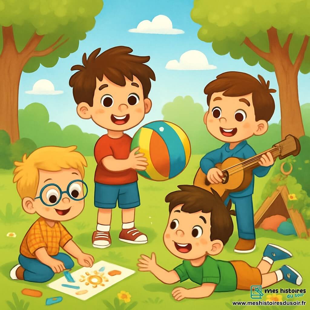 Quatre enfants jouent dans un parc ensoleillé. Lucas, 6 ans, souriant, porte un t-shirt rouge et tient un ballon. Tom, également 6 ans, est assis sur l'herbe, dessine avec des craies. Hugo, avec des taches de rousseur, est allongé, racontant une histoire avec des gestes. Léo, souriant, se tient à côté de Lucas avec une guitare. Le parc est verdoyant, avec des arbres, des fleurs colorées et une cabane en arrière-plan. Ils s'amusent ensemble, loin des écrans, engagés dans des activités créatives.