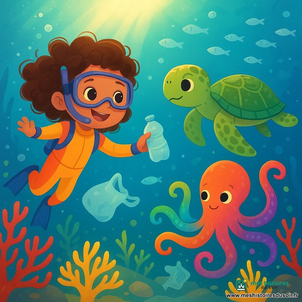 Mila, une fillette de 6 ans aux cheveux bruns bouclés et aux yeux pétillants, nage sous l'eau dans une combinaison de plongée colorée. Elle est émerveillée. Près d'elle, une tortue verte et un poulpe multicolore évoluent dans un jardin sous-marin avec des coraux et des poissons. Un rayon de soleil illumine la scène. Ensemble, ils nettoient les débris de plastique pour embellir leur environnement.