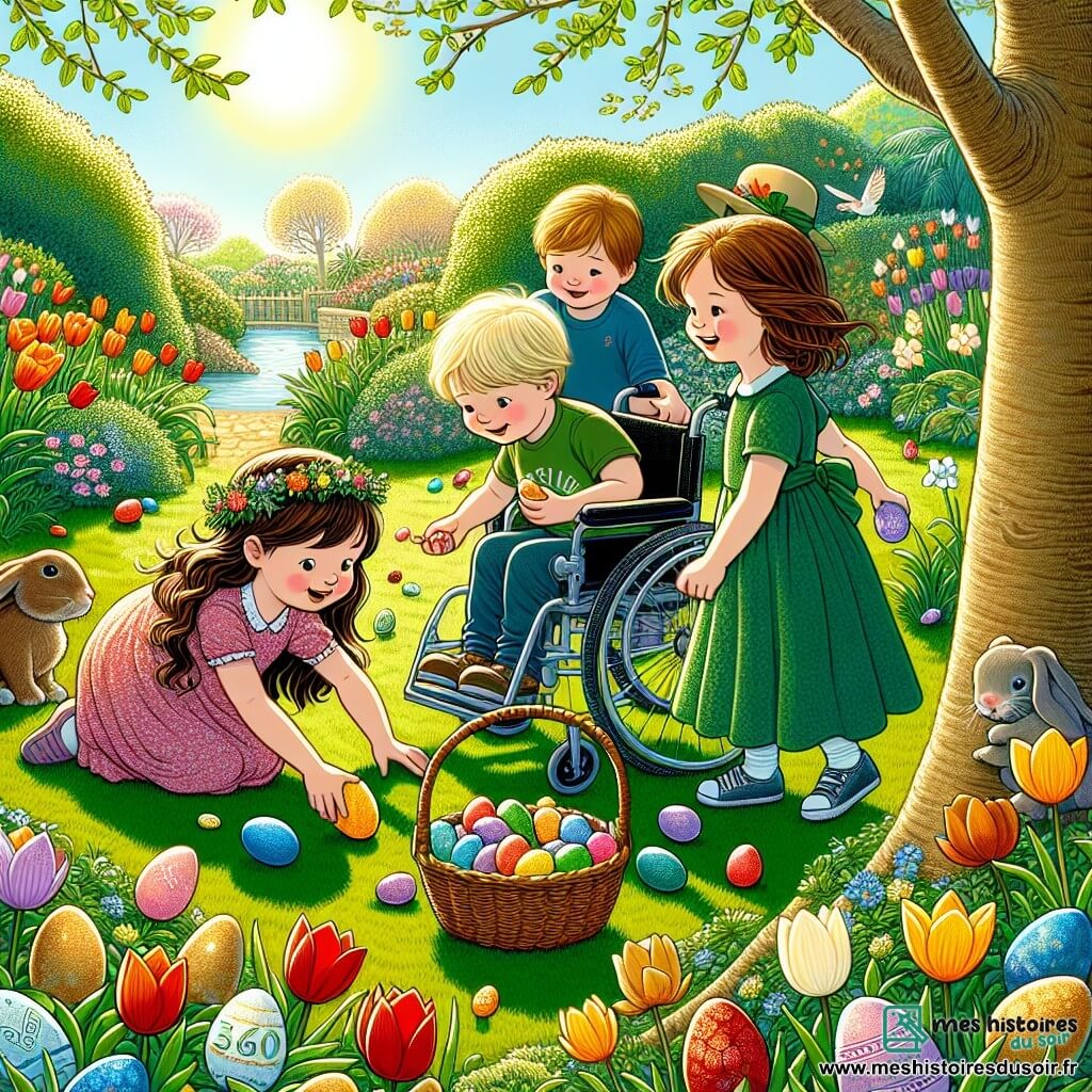 Dans un jardin ensoleillé, trois enfants sont en pleine chasse aux œufs de Pâques : Julie, 7 ans, ramasse un œuf bleu, Tom, 8 ans, cherche un œuf rouge derrière un arbre, et Léo, 6 ans, sourit dans son fauteuil roulant en tenant un œuf jaune. Le jardin est coloré avec des fleurs, des lapins en chocolat et un panier en osier rempli de chocolats, créant une atmosphère festive et magique.