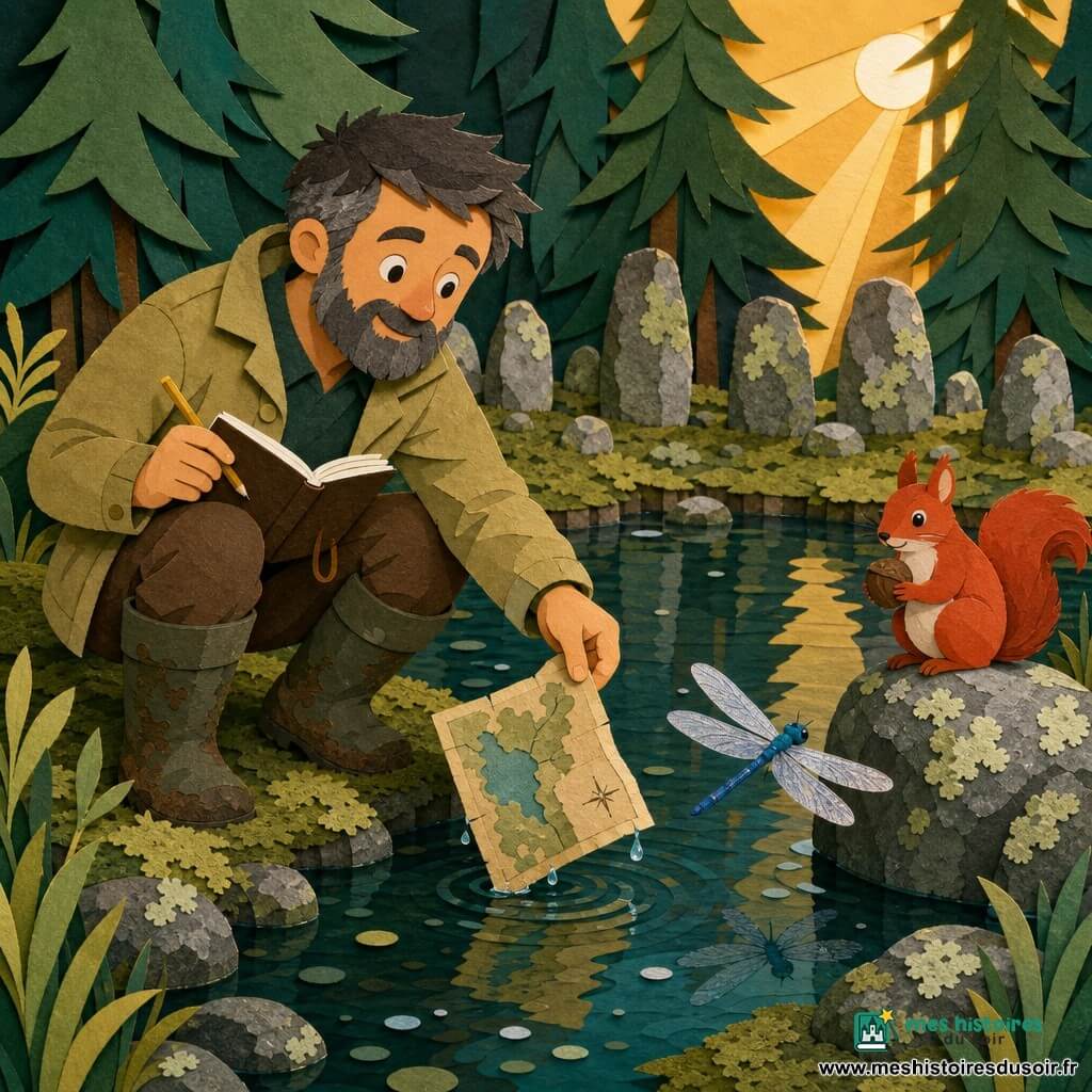 Étienne, homme souriant et concentré au visage rond et barbe courte poivre et sel, veste kaki, pantalon brun et bottes boueuses, est accroupi au bord d’un lac, une main tenant un carnet et l’autre un crayon, tandis qu’aucun autre humain n’est visible; à sa droite, un petit écureuil roux curieux perché sur une pierre tient une noisette et une libellule bleu métallique vole juste au‑dessus de l’eau; décor : clairière de sapins aux aiguilles texturées, cercle de pierres gris‑vert couvert de lichen en arrière‑plan, berge de mousse tendre et eaux calmes reflétant les troncs et un rayon de soleil, scène après la pluie où Étienne relève une page flottante récupérée, gouttes sur l’eau, lumière douce et ambiance d’émerveillement tranquille avec couleurs saturées, formes nettes, forts contrastes et textures rappelant papier découpé.