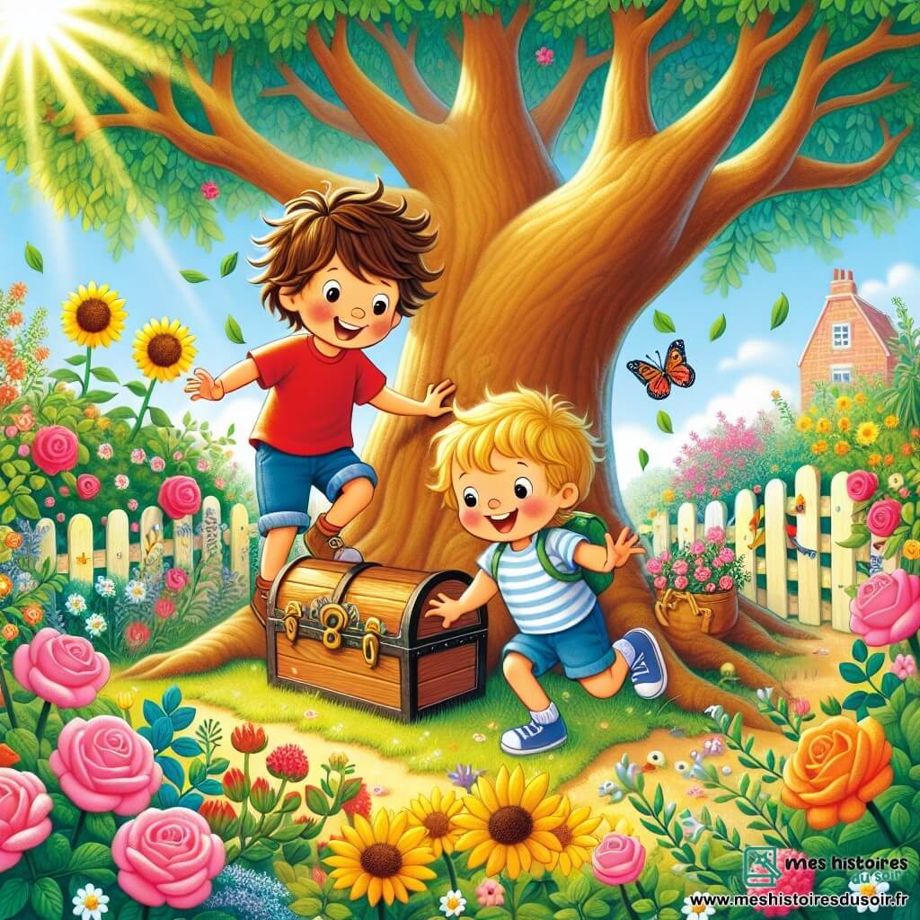 Dans un jardin ensoleillé, Léo, un garçon de 7 ans aux cheveux bruns et t-shirt rouge, grimpe sur une branche d'un grand arbre, tandis que Max, 6 ans, aux cheveux blonds et short bleu, l'encourage en bas. Le jardin est rempli de fleurs colorées et au centre se dresse un grand arbre. Les amis découvrent un petit coffre en bois caché dans les feuilles. Léo est émerveillé et s'apprête à l'ouvrir, tandis que Max attend avec impatience. C'est un moment de joie et de curiosité, annonçant une aventure vers un trésor sucré.