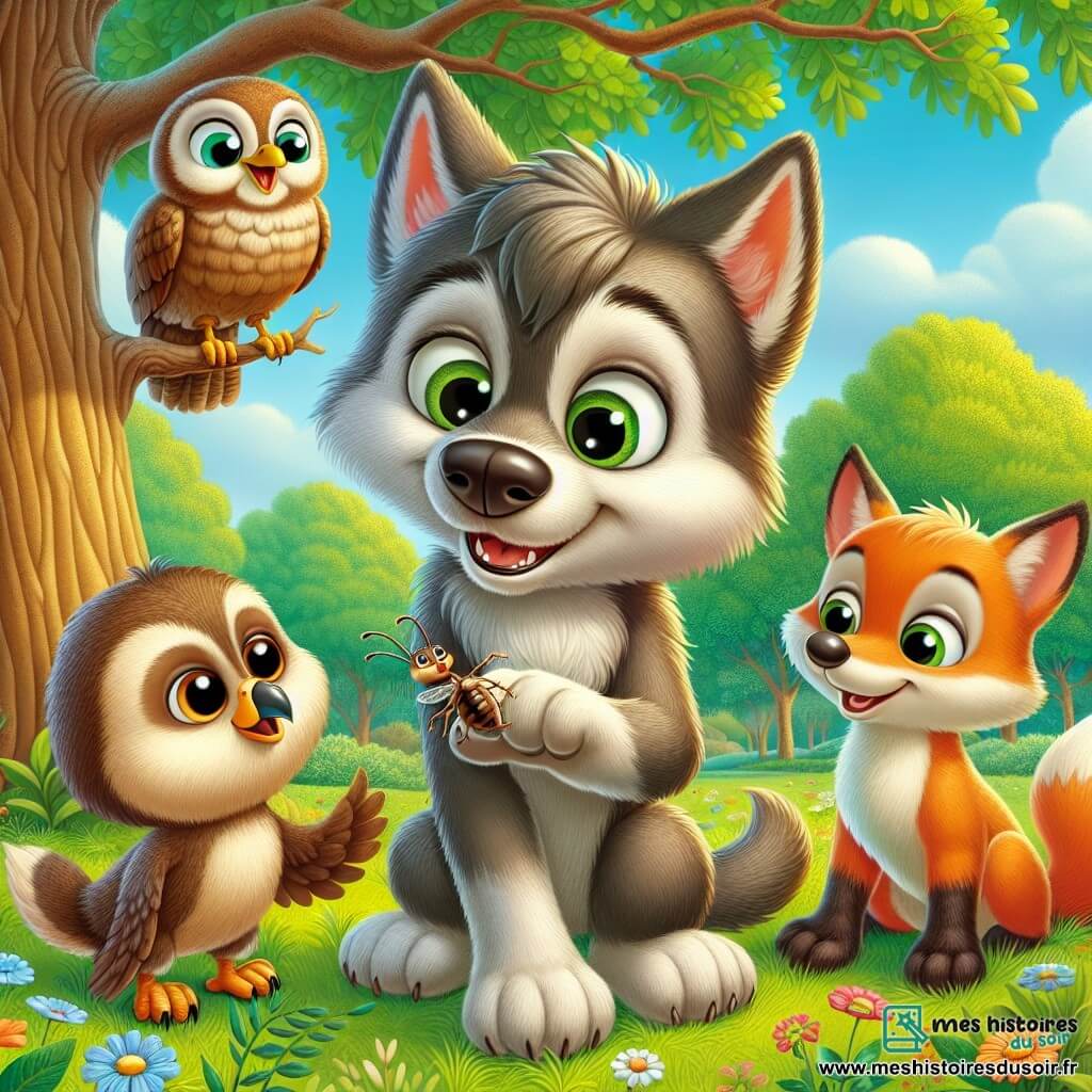 Léo, un petit loup au pelage doux et brillant, se tient au centre, souriant et tenant un insecte entre ses pattes. À sa gauche, Hélène, un hibou aux plumes marron, l'observe avec curiosité depuis une branche. À droite, Tim, un renard orange vif, sourit en tenant un morceau de fromage, prêt à échanger avec Léo. La scène se déroule sous un grand chêne, dans une herbe douce parsemée de fleurs colorées. Les trois amis partagent un pique-nique, découvrant leurs différences culinaires dans une ambiance joyeuse, symbolisant la tolérance et l'acceptation.