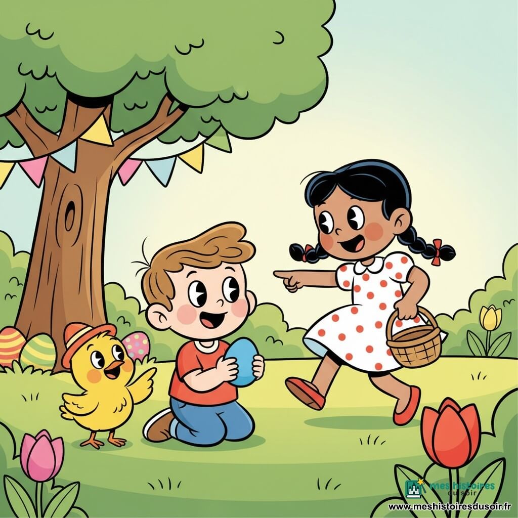 Timéo, 2 ans, émerveillé, ramasse un œuf de Pâques bleu ; Léa, 7 ans, grande sœur souriante en tresse et robe à pois, pointe un buisson et tient un panier vide ; Poussinou, petit poussin jaune au chapeau orange, montre d’autres œufs près des fleurs ; jardin lumineux avec pelouse, grand arbre à gauche, buissons, tulipes rouges et jaunes et guirlandes pastel ; œufs multicolores visibles partiellement ; style couleurs vives, contours noirs épais, formes rondes et expressions exagérées, atmosphère douce et ludique pour tout-petits.
