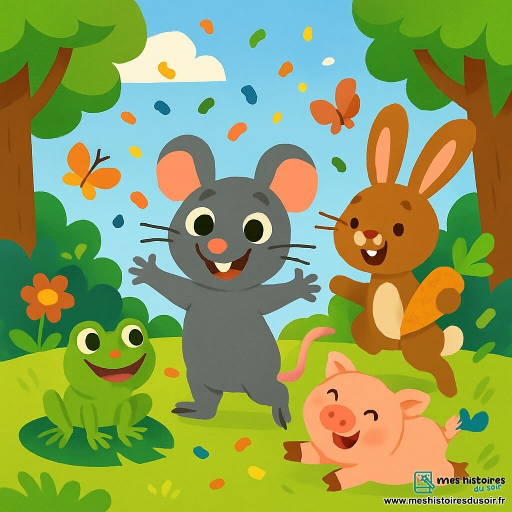 Un rat souriant et malicieux, avec un pelage gris et des yeux pétillants, se tient au centre de la scène, entouré de confettis colorés. À sa droite, un lapin aux grandes oreilles blanches et au pelage brun, tenant une carotte, saute avec enthousiasme. À sa gauche, une grenouille verte se prépare à sauter sur une feuille de nénuphar. Un cochon rose roule joyeusement dans les confettis, juste derrière le rat. La scène se déroule dans une forêt enchantée, avec des arbres aux feuilles vertes, des fleurs colorées et un ciel bleu clair. L'herbe est d'un vert vif et des papillons dansent autour des animaux. Le rat organise une fête joyeuse où tous s'amusent, dansent et rient, créant une atmosphère de bonheur.