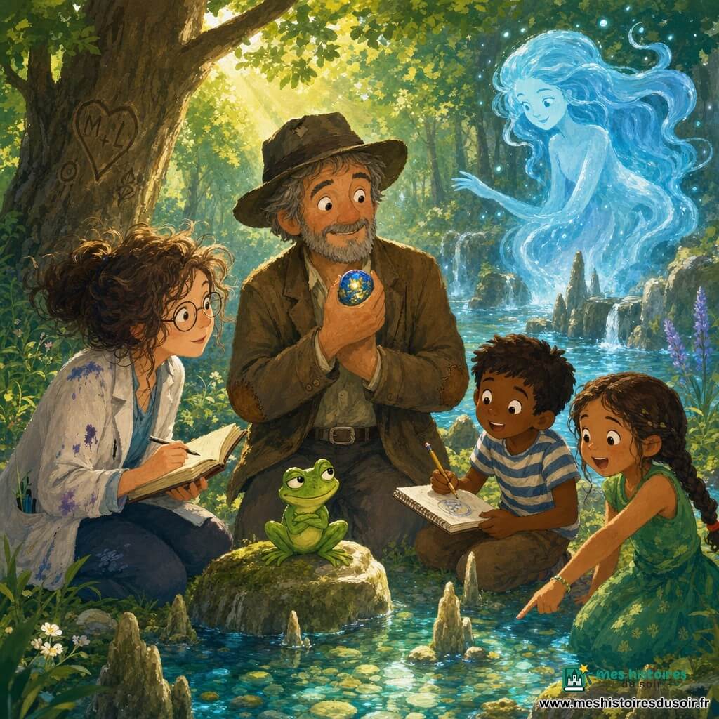 Marcel, homme aux cheveux poivre et sel et sourire doux, coiffé d’un chapeau usé et vêtu d’une veste en toile marron, tient contre sa poitrine une petite pierre ronde bleu doré. À sa gauche, la professeure Lina, quarante ans environ, lunettes rondes et blouse tachée d’encre, s’agenouille et consulte un petit carnet en observant la pierre; à droite, un garçon d’environ huit ans, cheveux bruns et t-shirt rayé, dessine la pierre, tandis qu’une fillette de sept ans en robe verte et tresses pointe la surface de l’eau en riant. Une petite grenouille verte est posée sur une pierre devant Marcel; derrière eux flotte, au-dessus de la source, un esprit de la source bleu pâle et translucide, parsemé d’étincelles, à l’expression bienveillante. Le cadre est une clairière boisée au bord d’une source limpide, pierres scintillantes au fond, vieux chêne gravé à gauche, légère brume et rayons dorés filtrant entre les feuilles; l’atmosphère est calme, magique et chaleureuse, lumière douce sur les visages et textures de gouache visibles.