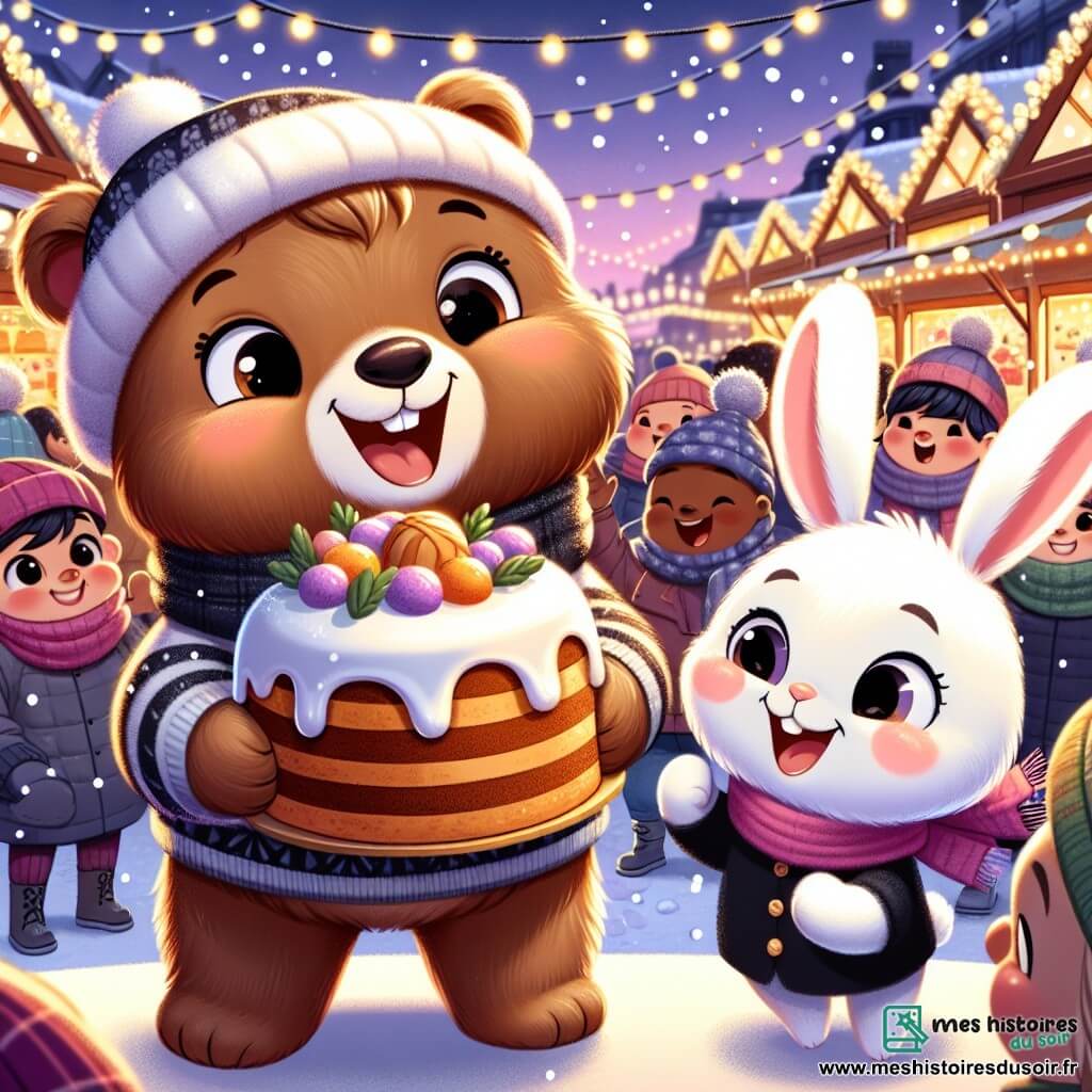 Petit Ours, un ours brun au pelage doux et aux yeux pétillants, tient un gâteau au miel dans ses pattes, souriant d'excitation. À ses côtés, Lapinou, un petit lapin blanc aux grandes oreilles, saute de joie en admirant le gâteau. La scène se déroule dans un marché de Noël animé, avec des stands décorés de guirlandes et de flocons de neige. Les gens portent des écharpes et des bonnets, s'amusant dans l'atmosphère festive. Petit Ours et Lapinou viennent de trouver le dernier gâteau au miel et sont ravis de rentrer chez eux pour célébrer Noël ensemble.