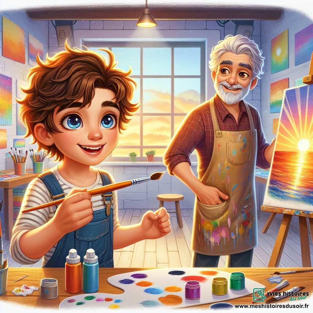Un jeune garçon nommé Léon, âgé de neuf ans, se tient dans l'atelier de Monsieur Bernard. Avec des cheveux châtains en bataille et des yeux curieux, il sourit en tenant un pinceau et une palette de couleurs vives, prêt à peindre un coucher de soleil. À ses côtés, Monsieur Bernard, un homme d'environ soixante ans aux cheveux gris, l'observe avec bienveillance, portant un tablier taché de peinture. L'atelier, rempli de toiles colorées, de pinceaux et de pots de peinture, est illuminé par la lumière du soleil, créant une atmosphère chaleureuse. La scène montre Léon peignant avec passion, tandis que Monsieur Bernard lui donne des conseils, partageant un moment de créativité.
