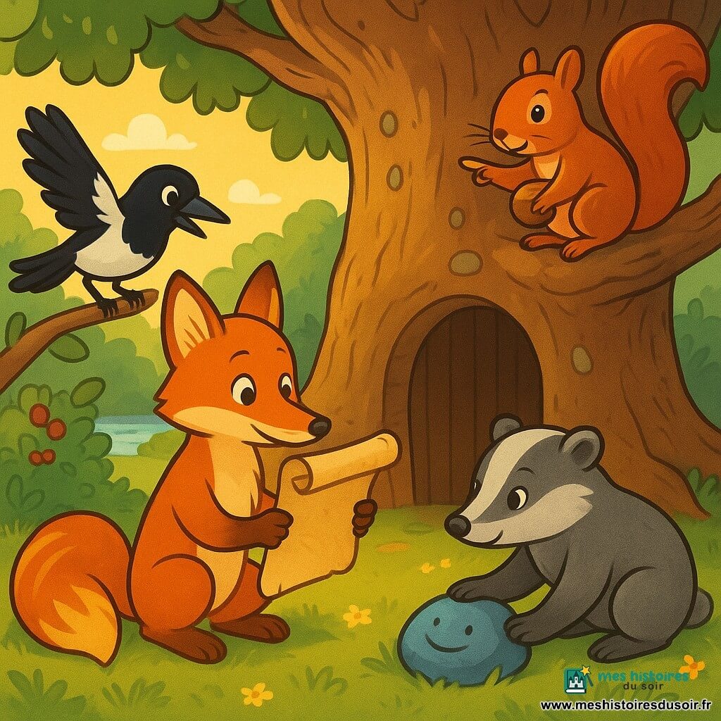 Renard roux anthropomorphe agenouillé devant le tronc d’un grand chêne, pelage lustré, tenant une carte parcheminée roulée ; une pie noire et blanche sur une branche à gauche regarde la carte avec excitation ; une blairelle grise accroupie à droite pose une patte sur un galet bleu souriant ; un écureuil roux perché au-dessus pointe une cordelette herbeuse descendant vers le sol. Clairière forestière ensoleillée, herbe verte et fleurs, chêne ancien au tronc massif avec petite porte ronde entrouverte et pierres-lucioles incrustées, ruisseau scintillant et buissons de framboisiers ; moment de découverte intime et joyeux à la lumière dorée de l’après-midi, composition centrée sur le trio.