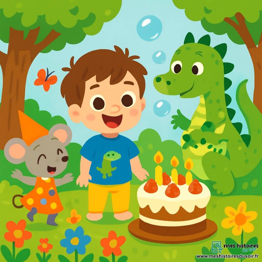 Léo, un petit garçon de 2 ans avec des cheveux bruns en bataille et de grands yeux pétillants, se tient au centre de la scène, souriant. Il porte un t-shirt bleu avec un dinosaure et un pantalon jaune. À côté de lui, Madame Souris, une souris grise en robe colorée, danse joyeusement. Un dragon doux aux écailles vertes souffle des bulles de savon. La scène se déroule dans une forêt enchantée, pleine de fleurs multicolores et d'arbres épais, avec des papillons volants. Léo s'apprête à souffler les bougies de son gâteau d'anniversaire décoré de fraises et de crème chantilly, tandis que ses amis chantent pour célébrer ce moment spécial.