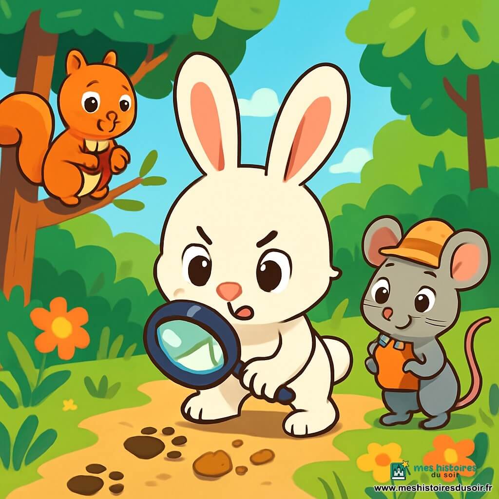 Léon le lapin, un petit lapin aux grandes oreilles et à la fourrure blanche, est au centre de l'image, tenant une loupe et scrutant le sol avec excitation. À sa droite, Mimi la souris, petite et grise, observe les empreintes avec émerveillement, portant un chapeau en paille et tenant un carnet. À gauche, Noé l'écureuil, à la fourrure rousse, grimpe sur une branche, l'air inquiet mais prêt à aider, tenant des noisettes. La scène se déroule dans une clairière ensoleillée, entourée d'arbres et de fleurs, avec des empreintes et des miettes de gâteau au sol. Léon et ses amis enquêtent pour retrouver leur panier de pique-nique disparu, dans une ambiance d'aventure et de camaraderie.