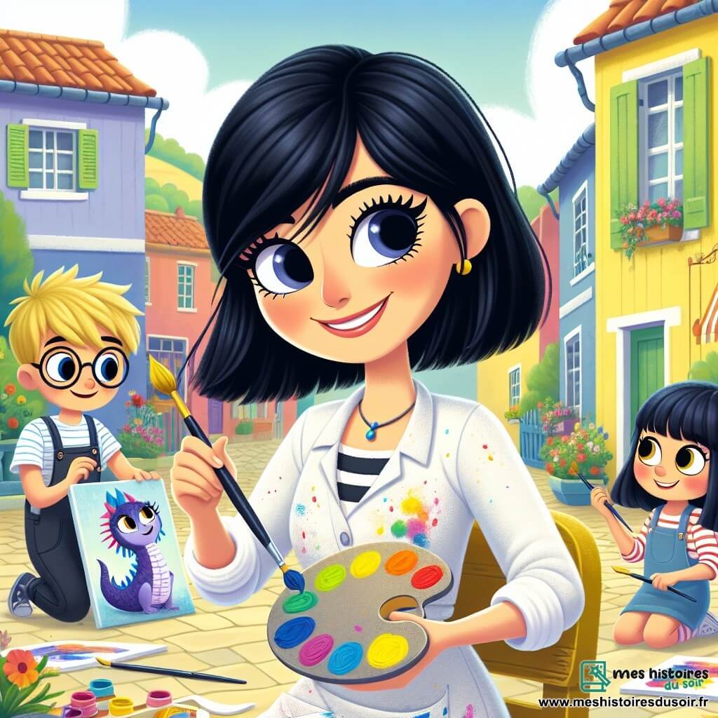 Clara, artiste aux cheveux noirs, est au centre, souriante, tenant une palette colorée et un pinceau. Elle porte une blouse blanche éclaboussée de peinture et guide des enfants dans leur projet artistique. À sa droite, Emma, une fille blonde de 8 ans, peint un dragon violet aux écailles arc-en-ciel, tandis qu'à sa gauche, Tom, un garçon de 9 ans aux lunettes rondes, observe attentivement. La scène se déroule sur une place ensoleillée du village de Chroma, entourée de maisons colorées et de fleurs éclatantes. Clara et les enfants créent une fresque collective, remplie de couleurs vives, symbolisant l'unité et la créativité de leur communauté.