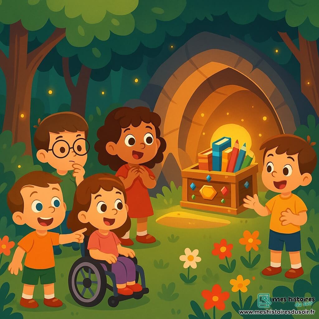 Cinq enfants de six ans se tiennent dans une forêt enchantée. Léo, aux cheveux blonds et sourire éclatant, pointe vers une grotte scintillante. Clara, aux boucles brunes et yeux pétillants, regarde émerveillée. Max, avec des lunettes glissantes, réfléchit en retrait. Julia, souriante dans son fauteuil roulant, est entourée de fleurs colorées. Tom, joyeux avec des cheveux châtains, raconte une histoire avec des gestes animés. La scène est magique, avec des arbres majestueux filtrant la lumière et des fleurs multicolores. Dans la grotte, ils découvrent une boîte en bois ornée de pierres précieuses, remplie de livres et de crayons, symbolisant leur quête d'aventure et de créativité.