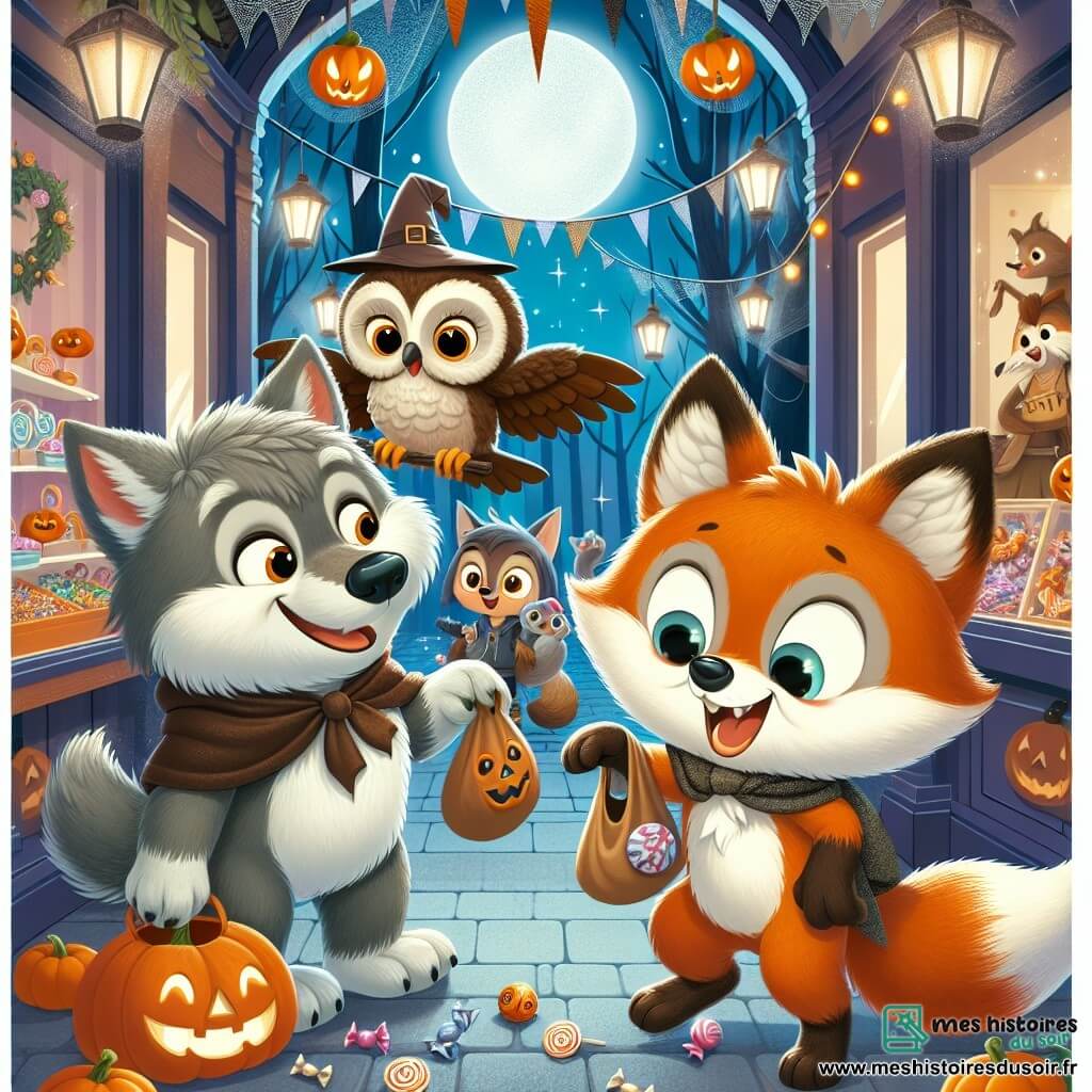 Un petit loup nommé Loupi, avec un pelage gris et des yeux curieux, se tient au centre d'une boutique de bonbons décorée pour Halloween. À ses côtés, un hibou nommé Hooty vole légèrement au-dessus de lui, affichant une expression joyeuse, tandis qu'un renard nommé Filou, au pelage orange vif, montre un sac de bonbons. Le décor est une rue commerçante enchantée, illuminée par des lanternes et ornée de citrouilles, avec une lune éclatante créant une ambiance magique. Loupi, Hooty et Filou rient et dansent ensemble, entourés de décorations d'Halloween, tandis qu'une sorcière leur tend un sac de bonbons, ajoutant mystère et joie à la nuit.