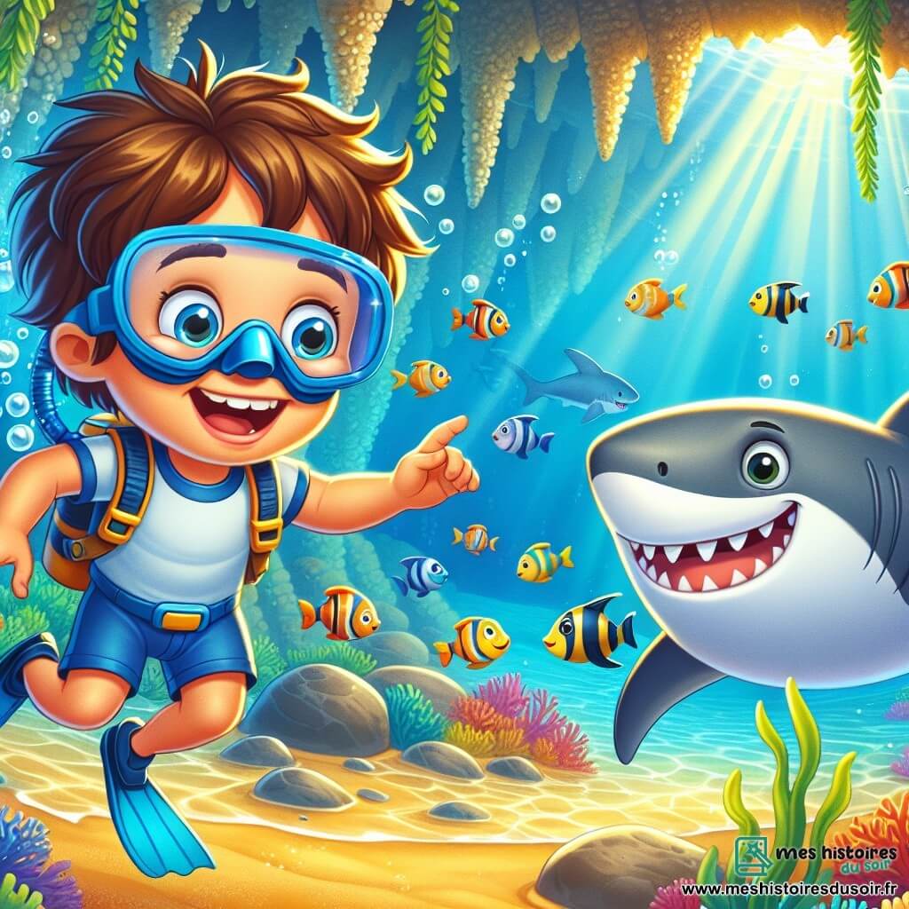 Un petit garçon de 4 ans, nommé Tom, avec des cheveux bruns en bataille et un grand sourire, porte un masque de plongée bleu et un tuba. Il nage joyeusement dans l'eau claire, entouré de poissons colorés. À ses côtés, un requin amical nommé Rémi flotte paisiblement, le regardant avec bienveillance. Le décor est une grotte sous-marine magnifique, avec des parois de corail scintillantes et des rayons de lumière illuminant le sable doré. Tom et Rémi découvrent un passage secret dans la grotte, avec des pierres à l'entrée. Tom, excité, pointe vers la lumière mystérieuse, prêt à explorer avec son ami requin.