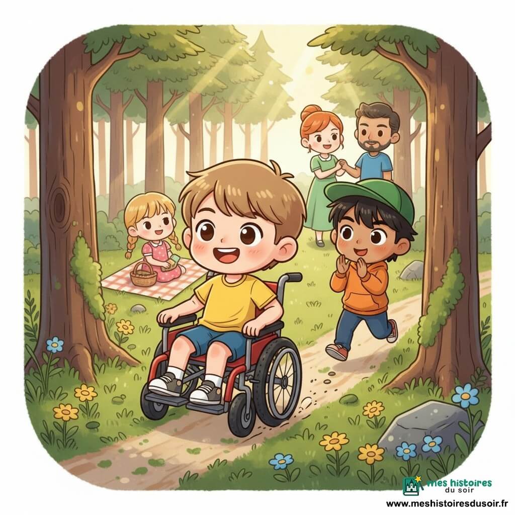 Tom, un garçon d'environ 8 ans, cheveux châtain clair, rit aux éclats en filant en zigzag dans un fauteuil roulant tout-terrain rouge; à sa droite Lucas, 8 ans, cheveux noirs en bataille, casquette verte et sweat orange, court en l'applaudissant et levant le pouce; derrière eux, Juliette, 7 ans, cheveux blonds en nattes, robe rose à pois, est assise sur une couverture à carreaux avec un panier de pique-nique; en arrière-plan, leurs parents les regardent affectueusement depuis le bord d'une clairière ensoleillée au cœur d'une forêt de pins, sol herbeux parsemé de fleurs sauvages et quelques troncs moussus — ambiance joyeuse, couleurs vives et esprit d'aventure et d'amitié.