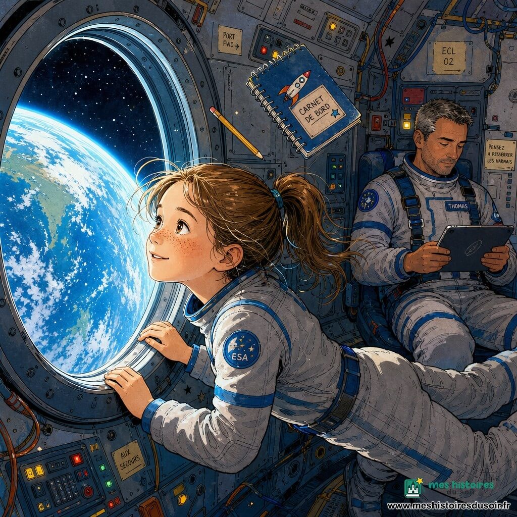 Margot, 10 ans, visage rond et taches de rousseur, cheveux châtain clair en queue de cheval, expression émerveillée, flotte en apesanteur dans la cabine d'une navette spatiale, mains posées sur le rebord d'un grand hublot montrant la Terre éclairée de bleu, de petits objets (crayon, carnet) flottent autour d'elle; en arrière-plan à droite, le commandant Thomas, environ 45 ans, peau mate, cheveux poivre et sel, en tenue spatiale grise à bandes bleues, consulte une tablette; parois métalliques avec panneaux et câbles, atmosphère calme et magique.