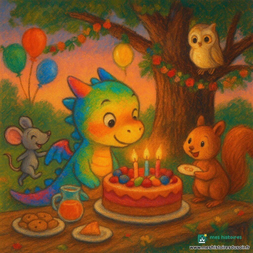 Léo, petit dragon bébé aux écailles arc‑en‑ciel brillantes, penché pour souffler les bougies d'un gros gâteau aux fruits; à gauche Mia la petite souris grise en pirouette sur la table, à droite Tino l'écureuil roux tenant une assiette révélant un message caché, Bella la chouette beige aux grands yeux perchée sur une branche basse du grand chêne; clairière sous un chêne aux racines visibles, guirlandes de fleurs et ballons, longue table en bois rustique nappée, gâteaux, biscuits et jus, herbe fleurie; fête d'anniversaire au crépuscule avec lumière rose‑orange douce, atmosphère joyeuse et chaleureuse, composition centrée, textures pastel gras, couleurs chaudes et contrastes doux.