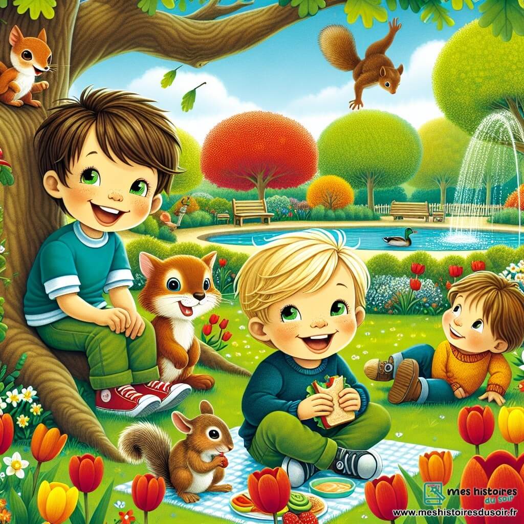 Dans un parc printanier, trois garçons sont réunis sous un grand chêne. Lucas, 8 ans, avec des cheveux bruns, porte un t-shirt bleu et un pantalon vert, sourit en tenant un sandwich. À sa droite, Maxime, 9 ans, aux cheveux blonds et lunettes rondes, croque dans une pomme rouge. À gauche, Léo, 7 ans, avec des cheveux châtains et un pull jaune, observe un écureuil. Le parc est coloré avec des fleurs, un étang scintillant et des arbres feuillus sous un ciel bleu parsemé de nuages. Les garçons partagent un pique-nique joyeux, riant et discutant des animaux vus dans le parc.