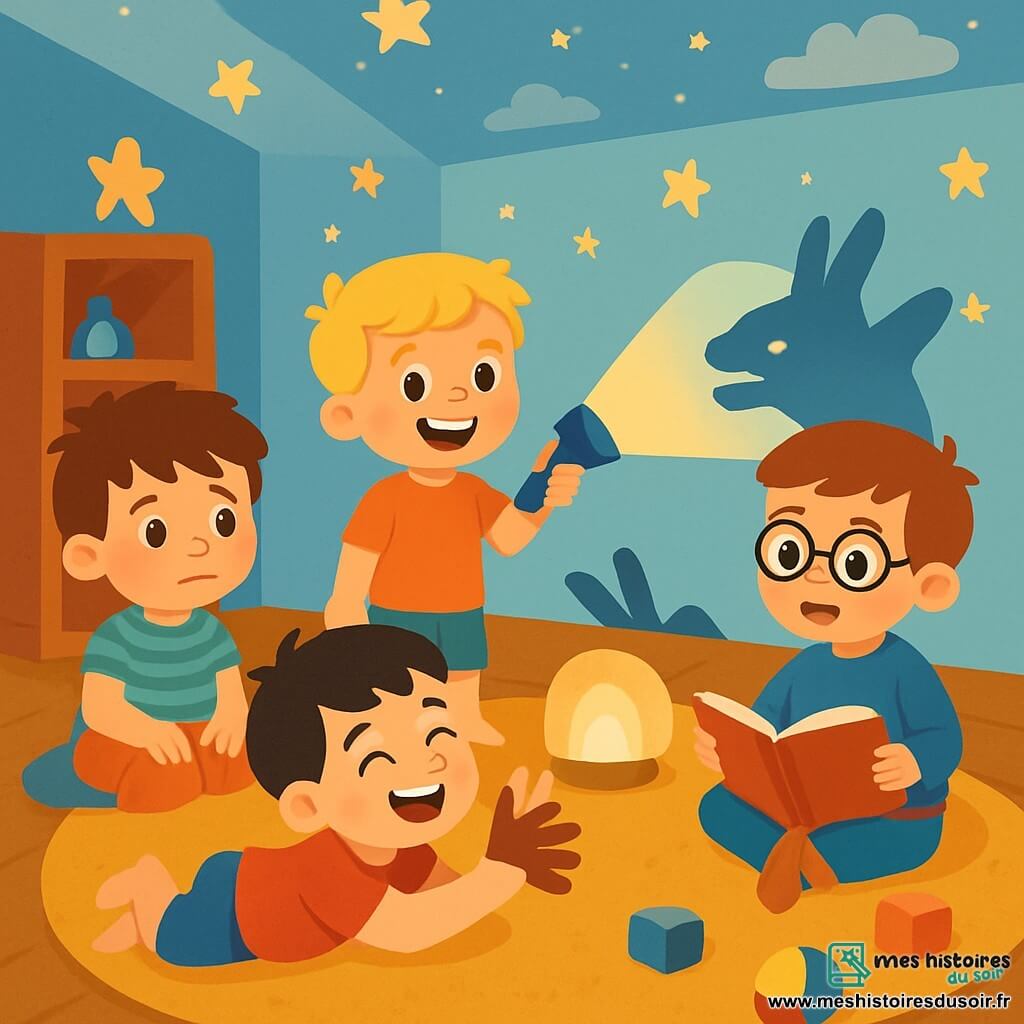 Quatre enfants sont présents : Léo, 6 ans, inquiet et assis sur le tapis ; Max, 5 ans, souriant et tenant une lampe de poche ; Tom, 6 ans, avec des lunettes, assis près de la veilleuse avec un livre d'histoires ; et Sam, 5 ans, allongé sur le ventre en faisant des ombres avec ses mains. La scène se déroule dans une chambre d'enfant chaleureuse avec des murs bleu clair et une veilleuse dorée. Les enfants, réunis autour de la veilleuse, surmontent leur peur du noir en racontant des histoires et en jouant, transformant la nuit en un moment magique.