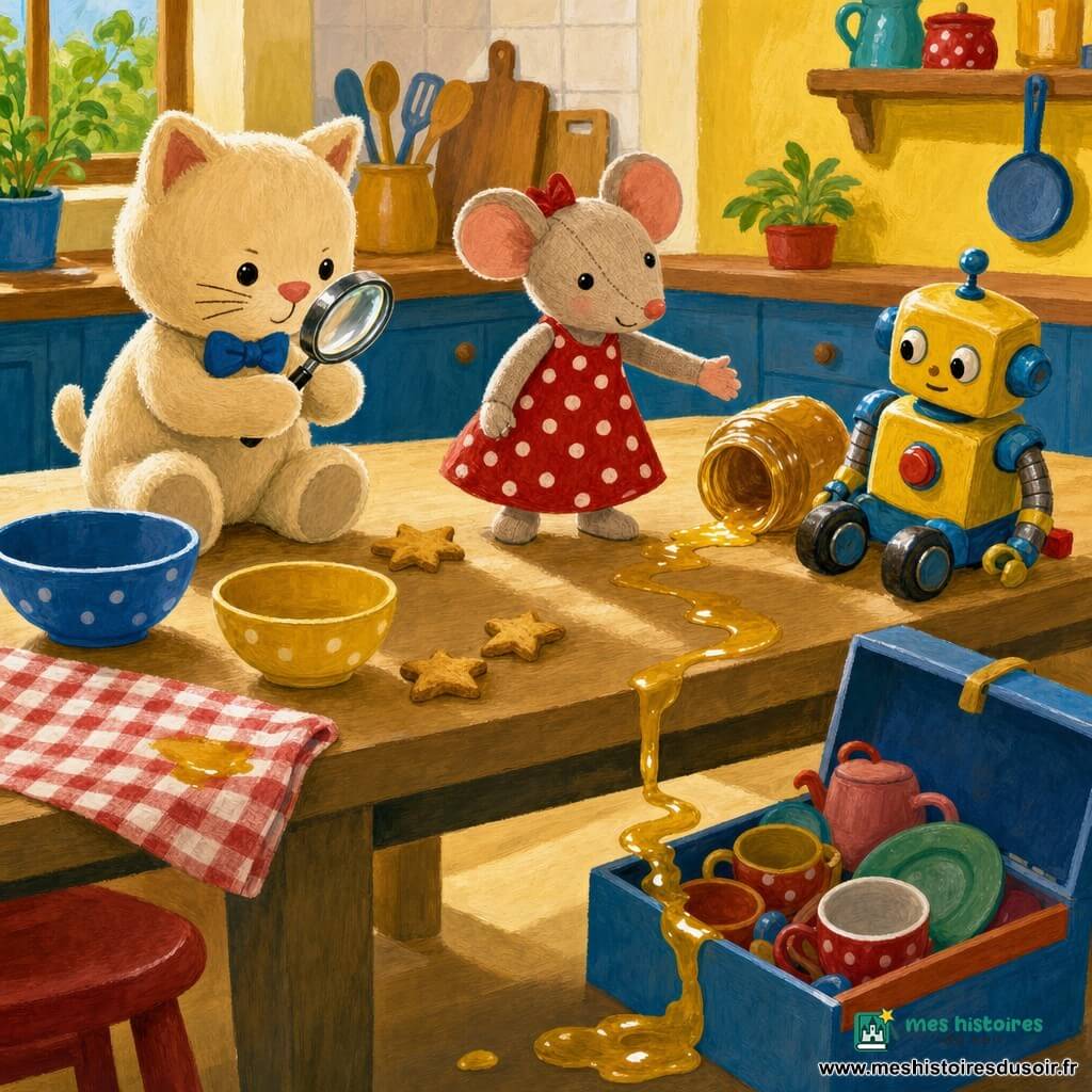 Un petit chat en peluche détective, assis droit avec un nœud papillon, tient une loupe, Lili la souris en robe rouge à pois pointe une trace de miel collante sur la table, et Toum-Toum, un robot jouet jaune et bleu, est près d’un pot de miel penché ; la cuisine chaleureuse montre un chemin brillant de miel menant de la table à une boîte à jouets.