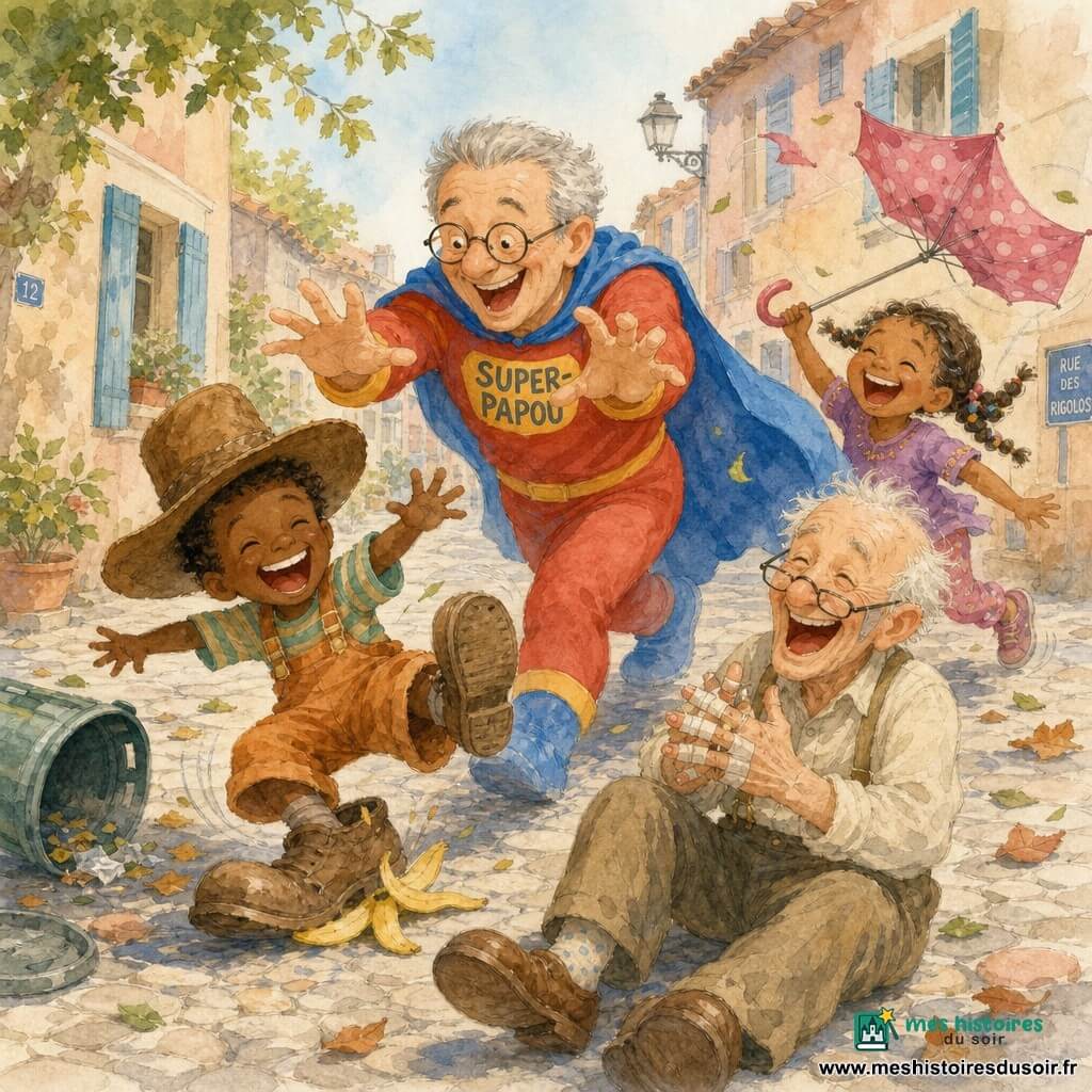 Super-Papou, un homme souriant aux cheveux gris courts et lunettes rondes, en cape bleu vif et costume rouge et jaune, chatouille trois complices qui rient aux éclats : à sa gauche Boulette, un garçon d'environ 6 ans avec un grand chapeau marron glissant sur une peau de banane, à l'arrière-droit Zouzou la Zoubida, une fillette de 5 ans aux nattes dont le parapluie à pois rose s'envole, et au premier plan Pépé Patafix, un vieil homme de 70 ans aux cheveux blancs et doigts collés au ruban adhésif ; scène matinale et ensoleillée dans une rue de quartier pavée aux maisons colorées et volets bleus, poubelle renversée et feuilles qui volent, ambiance légère et comique aux couleurs douces d'aquarelle.