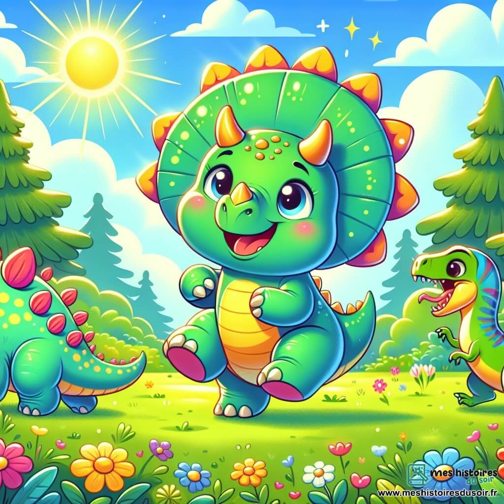 Un tricératops nommé Tico, avec une peau verte et trois cornes brillantes, danse joyeusement sous le soleil, ses yeux pétillants de bonheur. À ses côtés, un stégosaure nommé Susi, avec des plaques colorées sur son dos, sourit en agitant sa queue, tandis qu'un vélociraptor nommé Riri, rapide et agile, saute autour d'eux avec un air espiègle. La scène se déroule dans une plaine verdoyante, parsemée de fleurs et de grands arbres, sous un ciel bleu avec quelques nuages. Tico brille entouré de ses amis, créant une atmosphère de joie et de magie.