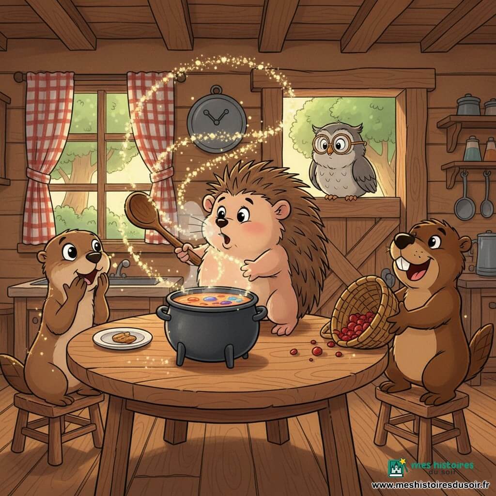 Hector, un petit hérisson rond aux piquants bruns et crème, éternue en tenant une grande cuillère en bois et fait s'envoler une pluie de poussière d'étoile scintillante ; à gauche, Loula la loutre au pelage brun clair, mains sur la bouche et yeux ébahis, est éclaboussée d'étincelles dorées ; à droite, Gaston le castor trapu rit sur un tabouret en tenant un panier renversé d'où tombent des baies rouges ; en arrière-plan, le vieux hibou Henri, petit et sage aux plumes grises et lunettes rondes, veille sur la scène depuis l'encadrement de la porte ; le tout se déroule dans une petite cuisine rustique en bois avec une table ronde en chêne, une marmite fumante et une fenêtre à carreaux donnant sur des arbres et un rayon de soleil — moment comique et magique où la soupe est couronnée de tourbillons scintillants provoquant des rires joyeux.