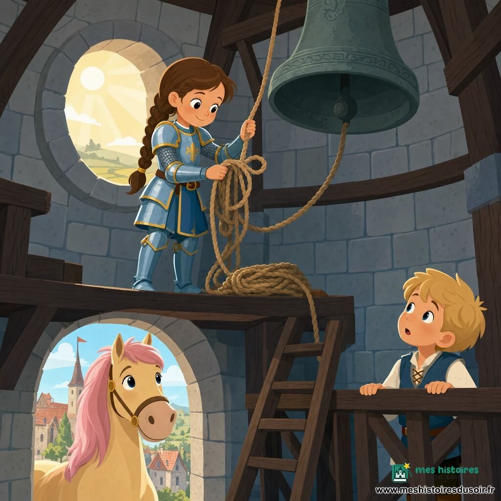 La chevaleresse Lila, fille souriante et concentrée aux cheveux bruns tressés, porte une petite armure bleu clair à détails dorés et tire doucement sur une corde emmêlée pour la démêler; Pompon, cheval mâle au pelage crème et à la crinière rose pâle, attend en bas de la tour et la regarde bienveillant par la fenêtre; un garçon d’environ six ans, cheveux blonds, tient la rambarde du village, surpris et admiratif; l’intérieur de la tour en pierre claire présente de grandes dalles grises, des poutres en bois foncé, une fenêtre ronde laissant passer un rayon de soleil chaud et une grosse cloche en métal patiné suspendue au-dessus — scène simple et calme de courage tranquille.