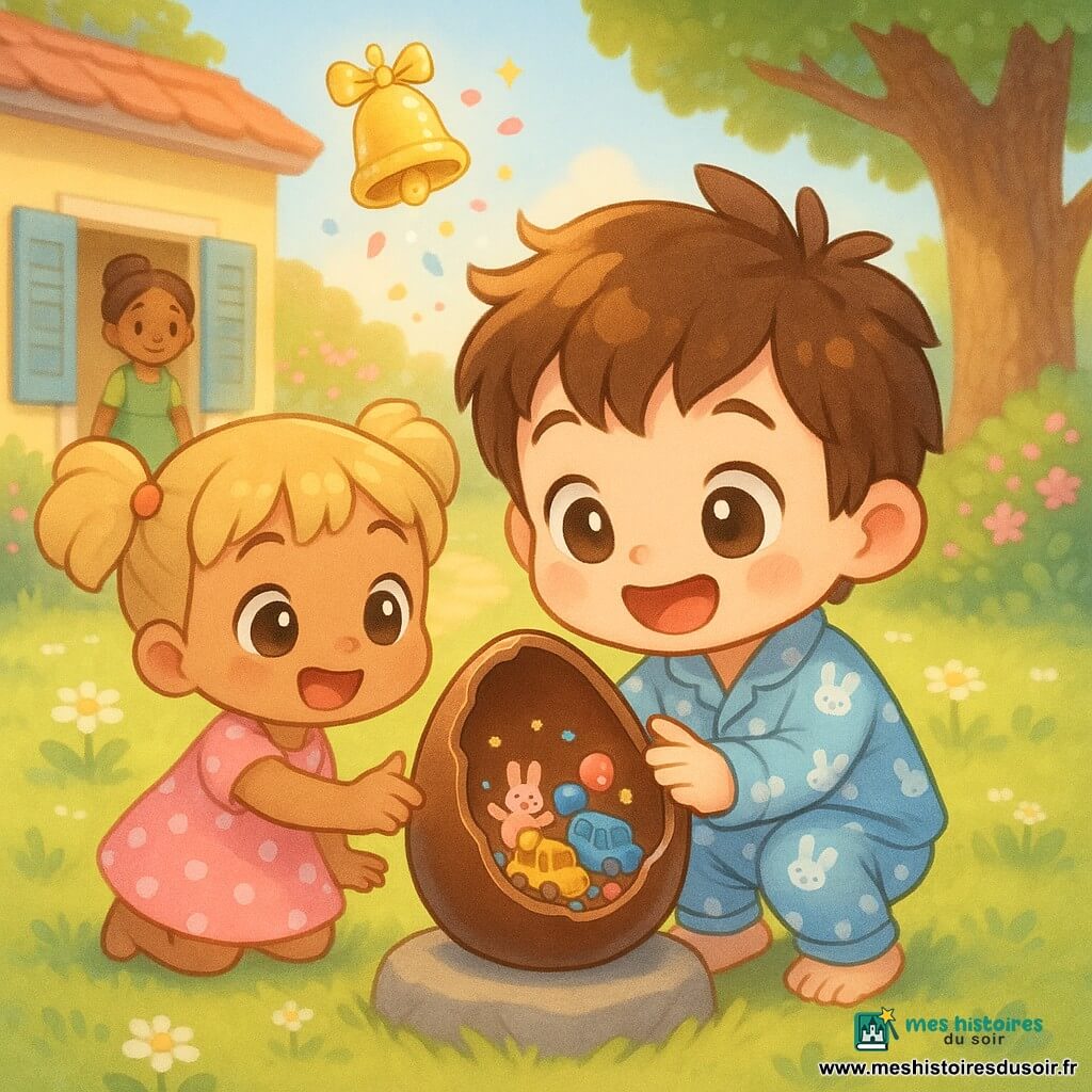 Garçon de 6 ans au visage rond, grands yeux brillants et cheveux bruns en bataille en pyjama bleu à petits lapins, accroupi en train d’ouvrir un énorme œuf en chocolat posé sur une pierre; à sa gauche Zoé, 6 ans, cheveux blonds en couettes en robe rose à pois blancs, joyeuse et tendant la main pour partager les jouets; la maman d’environ 30 ans, cheveux châtain en chignon et tablier vert, souriante près de la porte; une petite cloche dorée flottante dans le ciel laisse tomber des étincelles et des pétales; jardin de matin lumineux avec herbe verte, pâquerettes, grand chêne à droite et maison jaune aux volets bleus en arrière-plan flou; lumière douce et chaude, palette pastel, ambiance joyeuse et magique, style chibi kawaii avec jouets miniatures et textures lisses.