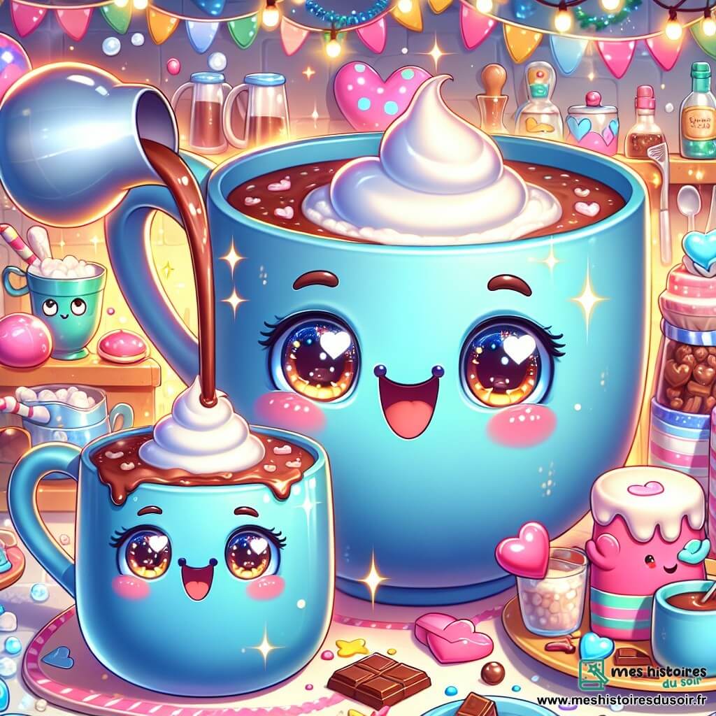 Illustration d'un petit mug souriant avec une anse en cœur versant un chocolat chaud crémeux, affichant excitation et amour. À côté, un grand mug bleu, fatigué mais heureux, l'observe avec fierté. Le décor est une boutique colorée avec des guirlandes festives et des étagères remplies de vaisselle. La scène montre le petit mug préparant un chocolat chaud pour la fête des pères, dans une ambiance chaleureuse et joyeuse. Des assiettes colorées et des couverts en argent dansent autour, et une crème chantilly sur le chocolat ajoute une touche de magie.