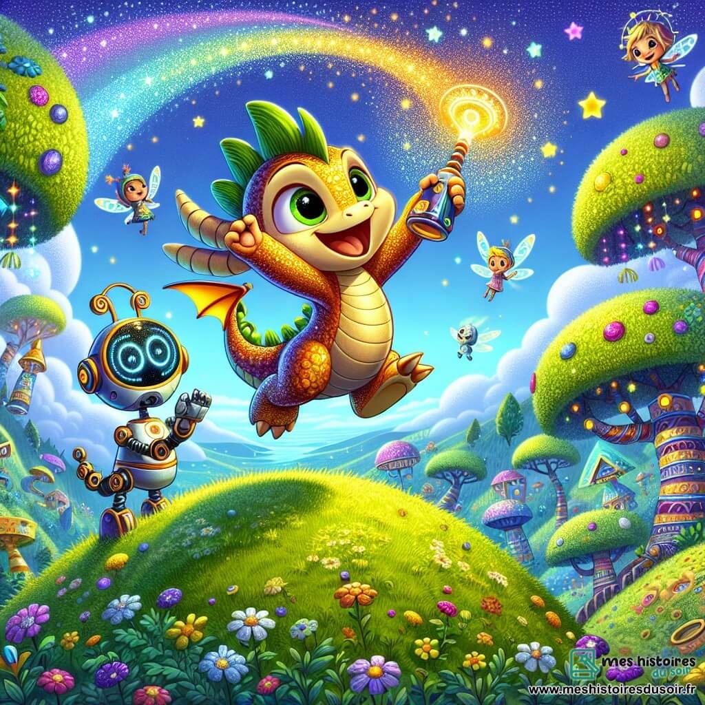 Au sommet d'une colline verdoyante, un petit dragon nommé Flamme, avec des écailles dorées, saute de joie en tenant un gadget brillant. À ses côtés, un robot nommé Poppy applaudit avec enthousiasme. Non loin, une petite fée nommée Lila danse dans les airs. Le ciel est rempli d'étoiles brillantes, et la colline est entourée de maisons flottantes colorées. Flamme vient d'appuyer sur le bouton de son gadget, illuminant le ciel d'une explosion de couleurs, tandis que ses amis l'encouragent avec joie.