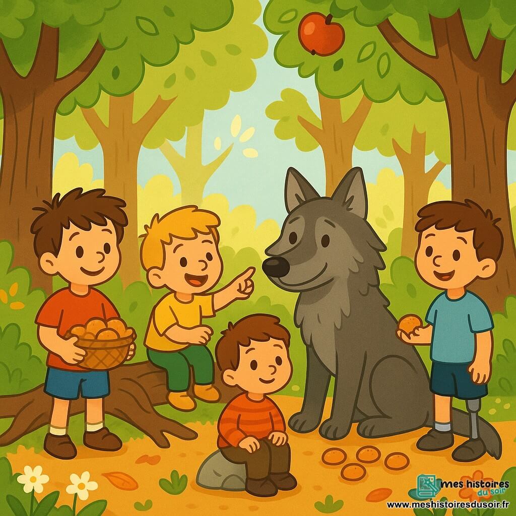 Léo (8 ans) est un garçon avec des cheveux bruns en désordre, un t-shirt rouge et un short bleu, souriant avec un panier de gâteaux. Milo (7 ans), avec des yeux pétillants et des cheveux blonds, porte un t-shirt jaune et un pantalon vert, assis sur une racine d'arbre, riant et pointant le loup. Tom (6 ans), avec un sourire timide et des cheveux châtains, est assis sur une pierre, observant le loup avec curiosité. Max (8 ans), avec des cheveux bruns et une prothèse à la jambe, porte un t-shirt bleu clair et un short noir, debout à côté de Léo avec un gâteau. Le loup, grand avec une fourrure grise, est assis sous un arbre, regard doux et triste, semblant amical. La scène se déroule dans une forêt enchantée avec de majestueux arbres, des fleurs colorées et un pommier chargé de fruits. Les garçons entourent le loup, offrant des gâteaux, créant une atmosphère joyeuse et amicale, montrant que le loup est un ami en quête de gentillesse.