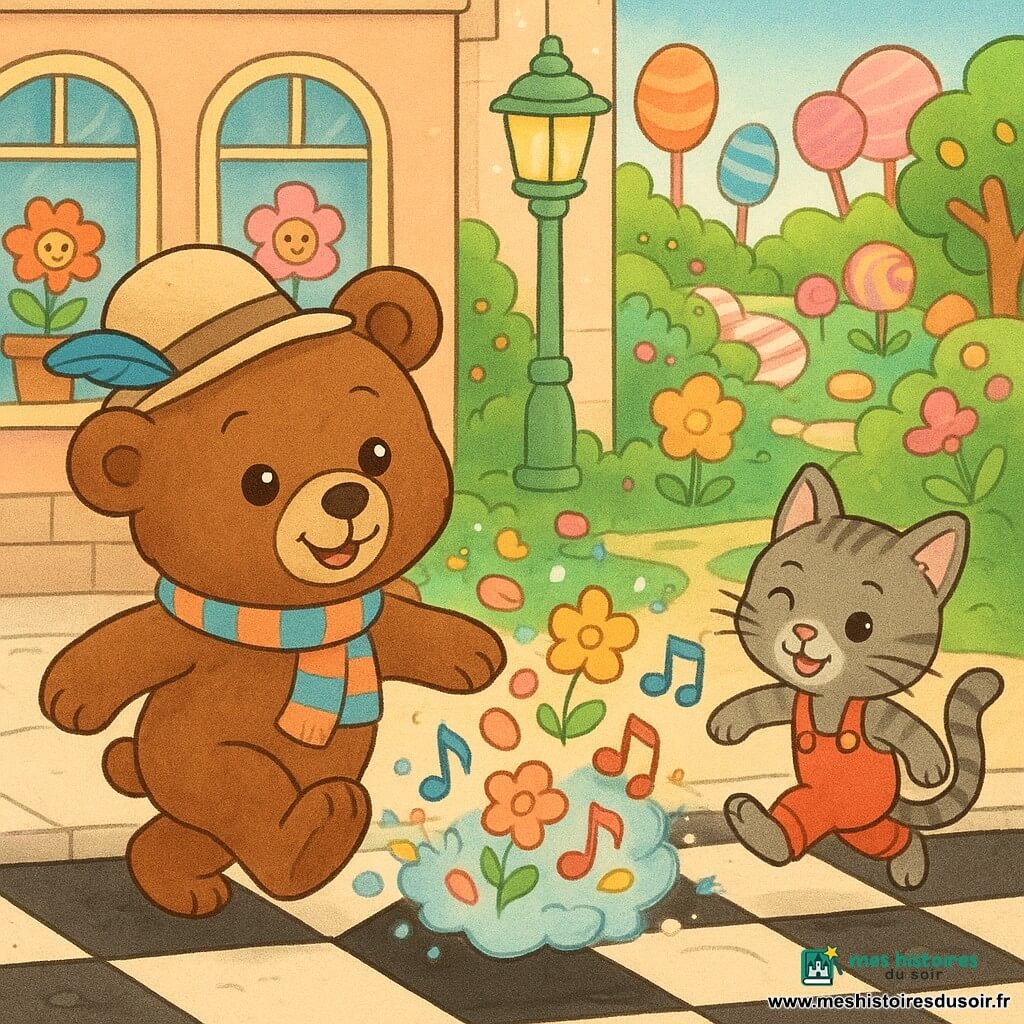Un grand ours en peluche brun nommé Choco, au pelage duveteux, yeux brillants et sourire émerveillé, porte un chapeau beige à plume bleue et une écharpe rayée ; il pose la patte sur un carreau noir et déclenche une explosion douce de bulles musicales colorées. À côté, un chat de gouttière gris tigré en salopette rouge, mince et malicieux, fait un clin d’œil et saute sur un autre carreau noir, l'air complice. Autour, des pots de fleurs souriants aux pétales vifs ornent les fenêtres, des réverbères verts diffusent une lumière chaude, le sol est un trottoir en damier noir et blanc luisant où certains carreaux font jaillir bulles et objets surprenants, et à l’arrière-plan un jardin fantaisiste de sucettes et fleurs géantes transforme la scène urbaine en jardin sucré.