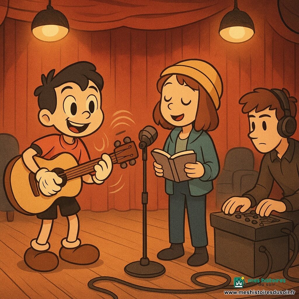Nino, environ 11 ans, souriant et concentré, tient une guitare acoustique en bois clair et se penche vers un micro ; Lila, environ 12 ans, coiffée d’un bonnet jaune, chante doucement en tenant un petit carnet de paroles à sa droite ; Noé, environ 17 ans, technicien, est accroupi près d’une console avec des écouteurs et ajuste un bouton en les observant ; petite scène de centre culturel aux rideaux rouges poussiéreux, plancher en bois verni, projecteurs ronds suspendus, quelques fauteuils en velours sombres et câbles au sol ; duo en pleine chanson, projecteurs chauds créant des auréoles et fines ondes sonores stylisées ; palette chaude et pastel, traits souples et arrondis, ombres douces et textures grainées pour un rendu rétro, ambiance douce et rassurante.