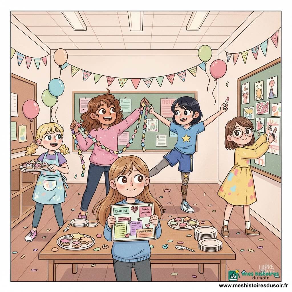 Cinq filles d'environ 7–8 ans dans une grande salle scolaire décorée : Lila (8 ans, cheveux bruns bouclés aux épaules, robe rose à pois, centre gauche) tient une guirlande et sourit ; Mia (7 ans, blonds en couettes, tablier fariné) est à gauche avec un plateau de petits gâteaux en forme de cœur ; Zoé (8 ans, cheveux châtain courts, jambe en bois ornée d'autocollants étoiles, tenue sportive bleue) fait une pirouette à droite de Lila ; Clara (7 ans, cheveux noirs lisses, lunettes rondes, robe jaune tachée de peinture) accroche des dessins au mur en tenant des marqueurs ; Emma (8 ans, longs cheveux châtain clair, pull violet) est légèrement en avant et montre un panneau collé de résolutions colorées. Les murs sont couverts de guirlandes en papier et ballons pastels, un grand panneau en liège est rempli de papiers colorés, une table en bois porte des plateaux de gâteaux et assiettes, il y a confettis au sol et lumière chaude ; elles répètent une danse de Nouvel An et accrochent leurs résolutions, ambiance joyeuse, poses dynamiques, style bande dessinée rond et accueillant adapté aux enfants.