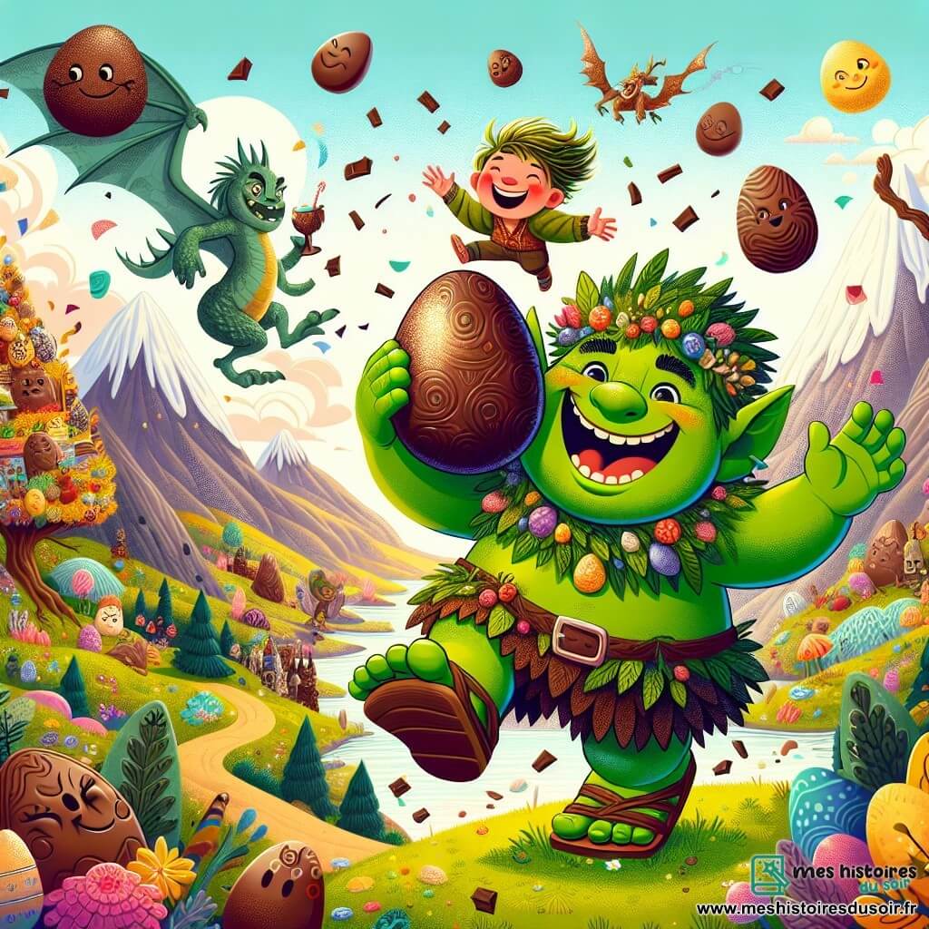 Un ogre gentil nommé Grumpf, avec une peau verte et des cheveux en désordre, sourit au centre de l'image, tenant un gros œuf en chocolat. À ses côtés, Léo, un petit garçon de 8 ans aux cheveux dorés, saute de joie entouré de confettis chocolatés. En arrière-plan, un dragon aux écailles brillantes se tient près d'un nuage géant, souriant. Le décor est une montagne colorée avec des arbres souriants et des fleurs dansantes, tandis qu'un nuage déverse des gouttes de chocolat. Grumpf et Léo célèbrent la découverte de l'œuf de chocolat, entourés de rires et de joie, prêts à fêter ensemble dans un cadre féerique.