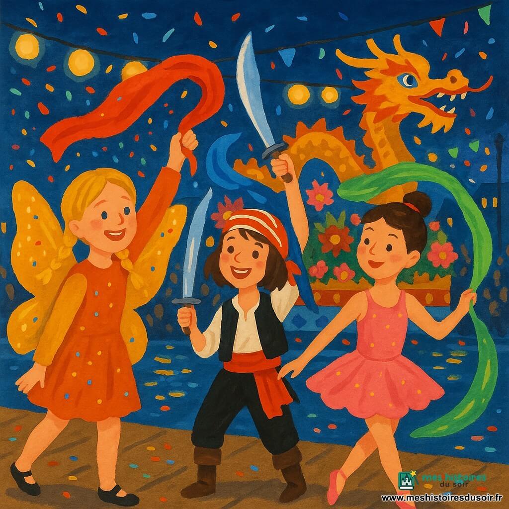 Trois filles de 9 ans dansent sur un quai de port la nuit : Léa, blonde en tresses en costume de papillon aux ailes dorées à gauche, agite un foulard rouge laissant des traînées de confettis ; Emma, châtain aux cheveux courts au centre, déguisée en pirate avec bandana rayé et sabre en plastique, lève un foulard bleu ; Sarah, brune en chignon à droite, porte une robe de danseuse étoile rose pailletée et tournoye avec un foulard vert qui dessine des courbes lumineuses ; derrière elles, lampions et guirlandes, chars fleuris et un grand dragon doré, confettis multicolores et foule applaudissante créent une ambiance joyeuse et pétillante.