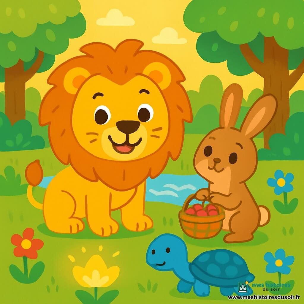 Un lion majestueux avec une crinière dorée se tient au centre d'une clairière, souriant avec gentillesse. À ses côtés, un petit lapin brun admire le lion, tenant un panier de baies. Plus loin, une tortue bleue avance lentement, sereine. La clairière est baignée de lumière dorée, entourée d'arbres aux feuilles vertes et de fleurs colorées. Un ruisseau scintillant ajoute une mélodie apaisante. Le lion, le lapin et la tortue se préparent à traverser le ruisseau ensemble, unis par leur amitié, tandis qu'une fleur-lanterne brille dans l'herbe, promettant des souhaits et des aventures.